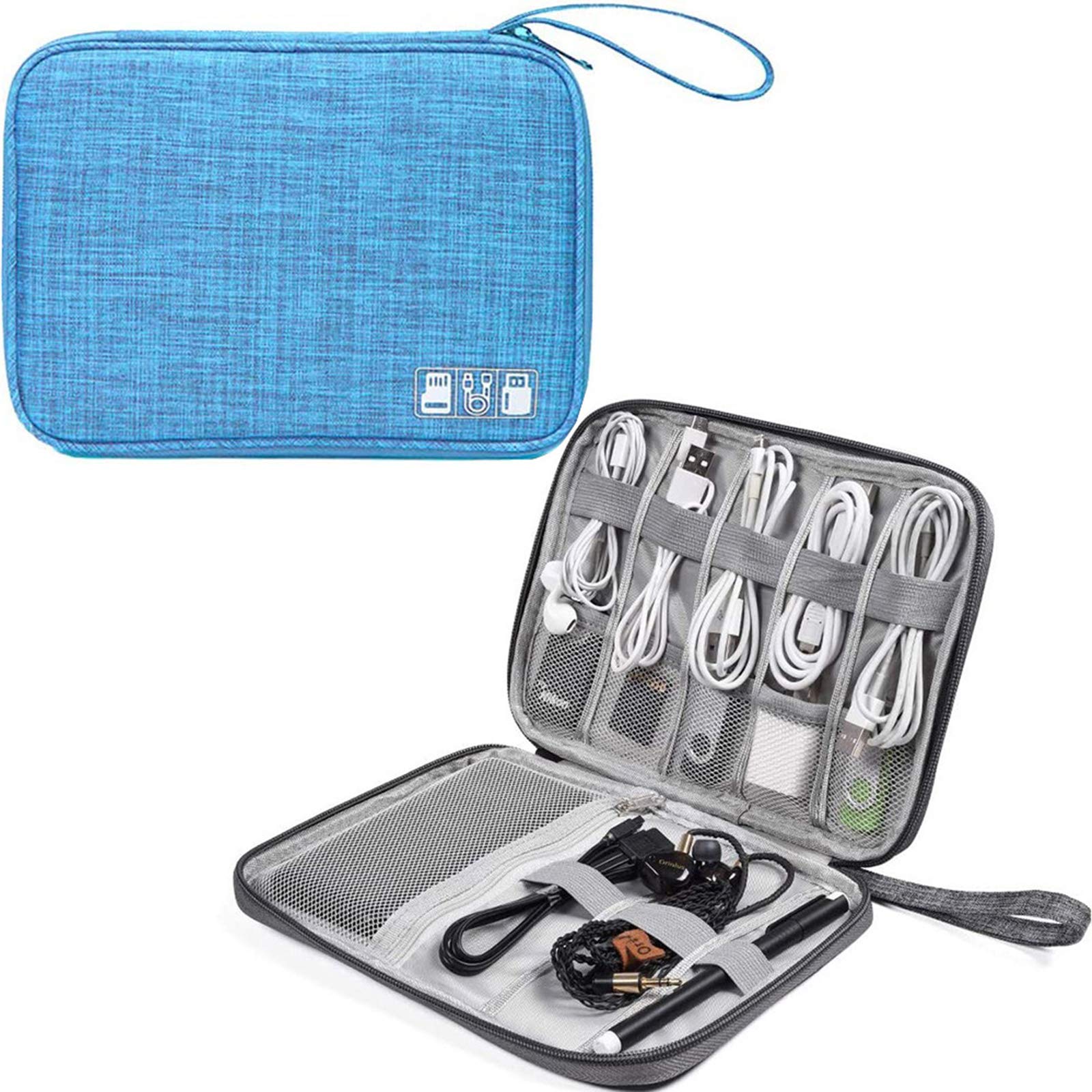 Waterproof Electronic Organizer Travel Cable Storage Bag - Universal USB Cord, Flash Drive, Charger, Phone, Hard Drive & SD Card Organizer - Perfect for Travel, Office & Home Use (Blue)