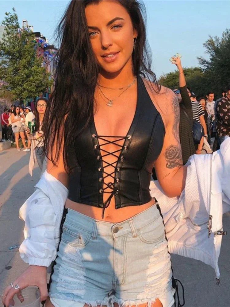 Sexy Black PU Leather Halter Crop Top for Women - Backless Hollow Out Rave Festival Tank Top - Summer Streetwear Fashion (C83 BE10) | Perfect for Music Festivals, Nightclubs, Beach Parties & Casual Outings