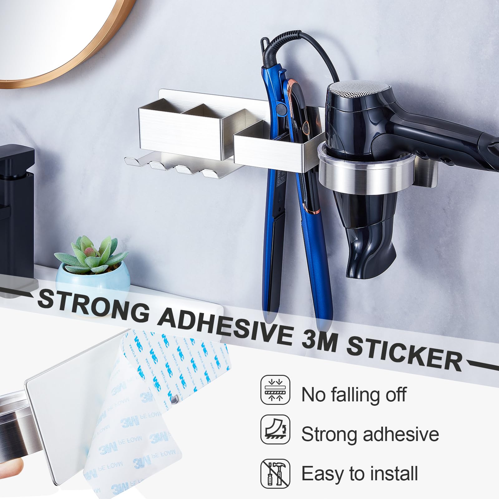 Wall Mounted Hair Straightener & Blow Dryer Holder - Stainless Steel Hair Tool Organizer with Adhesive & Plug Hook - Perfect for Bathroom, Salon & Home Hair Styling Storage
