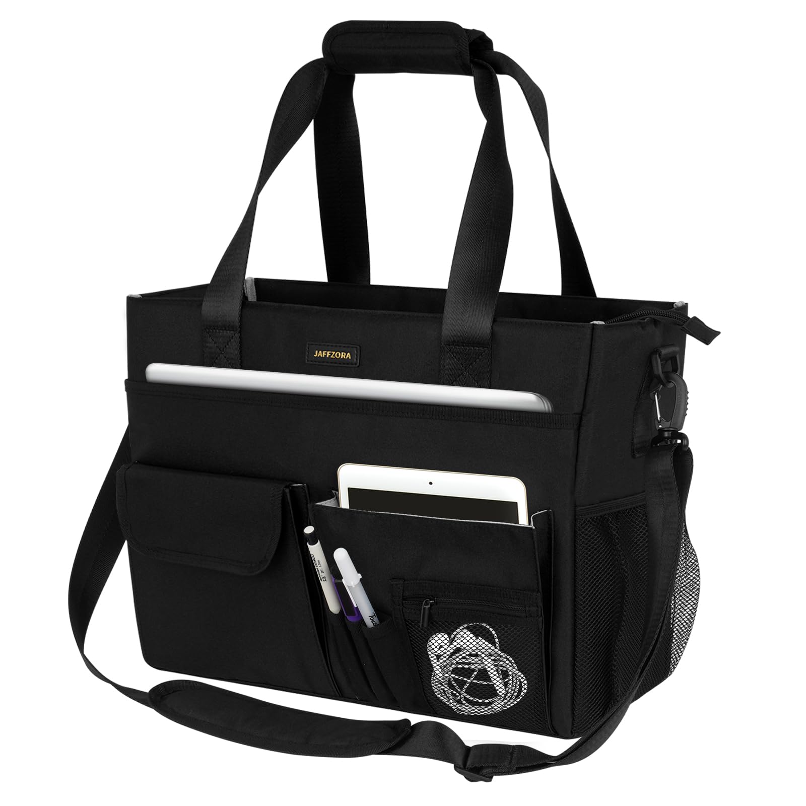 Large Teacher Tote Bag with Laptop Compartment - 15 Pocket Work Tote for Women, Nursing Bag in Black - Perfect for School, Office & Hospital Use