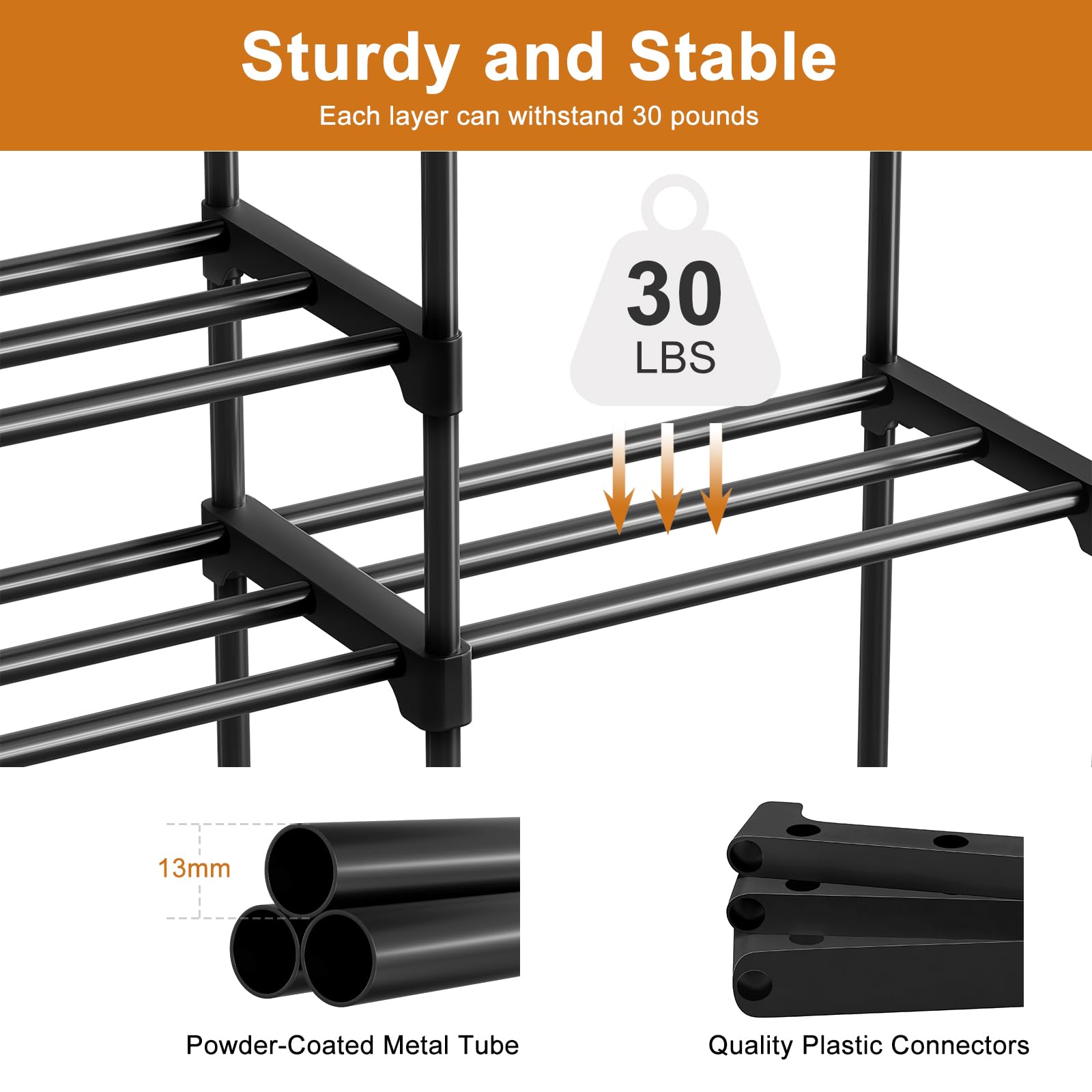 WOWLIVE 9-Tier Shoe Rack Organizer - Heavy Duty Metal Frame with Plastic Connectors, Holds 30-35 Pairs, Stackable Shoe Storage Cabinet for Closet, Entryway, Bedroom - Black (SSS2B9)