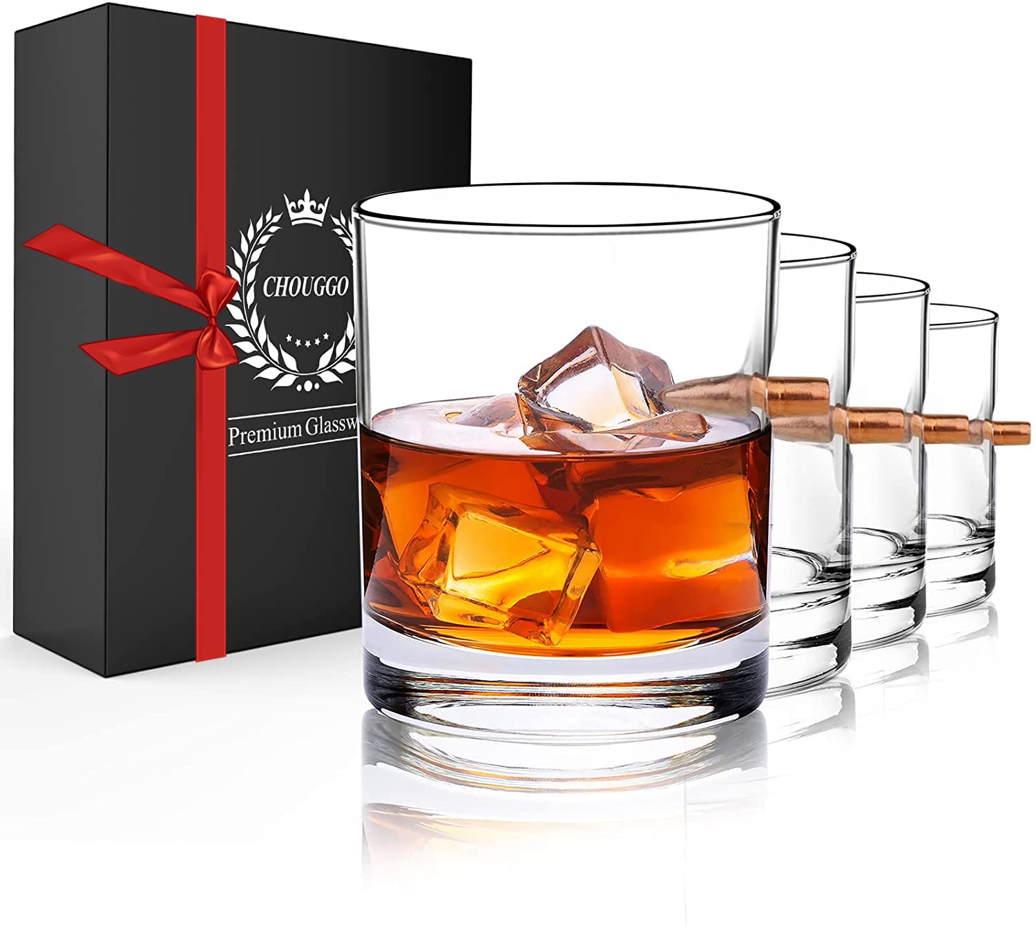 Chouggo Whiskey Glasses Set of 4 - Classic Old Fashioned Round Bar Glasses for Bourbon, Scotch & Cocktails - Perfect Gift for Men, Dad, Grandpa & Husband - Ideal for Home Bars, Parties & Relaxing Evenings