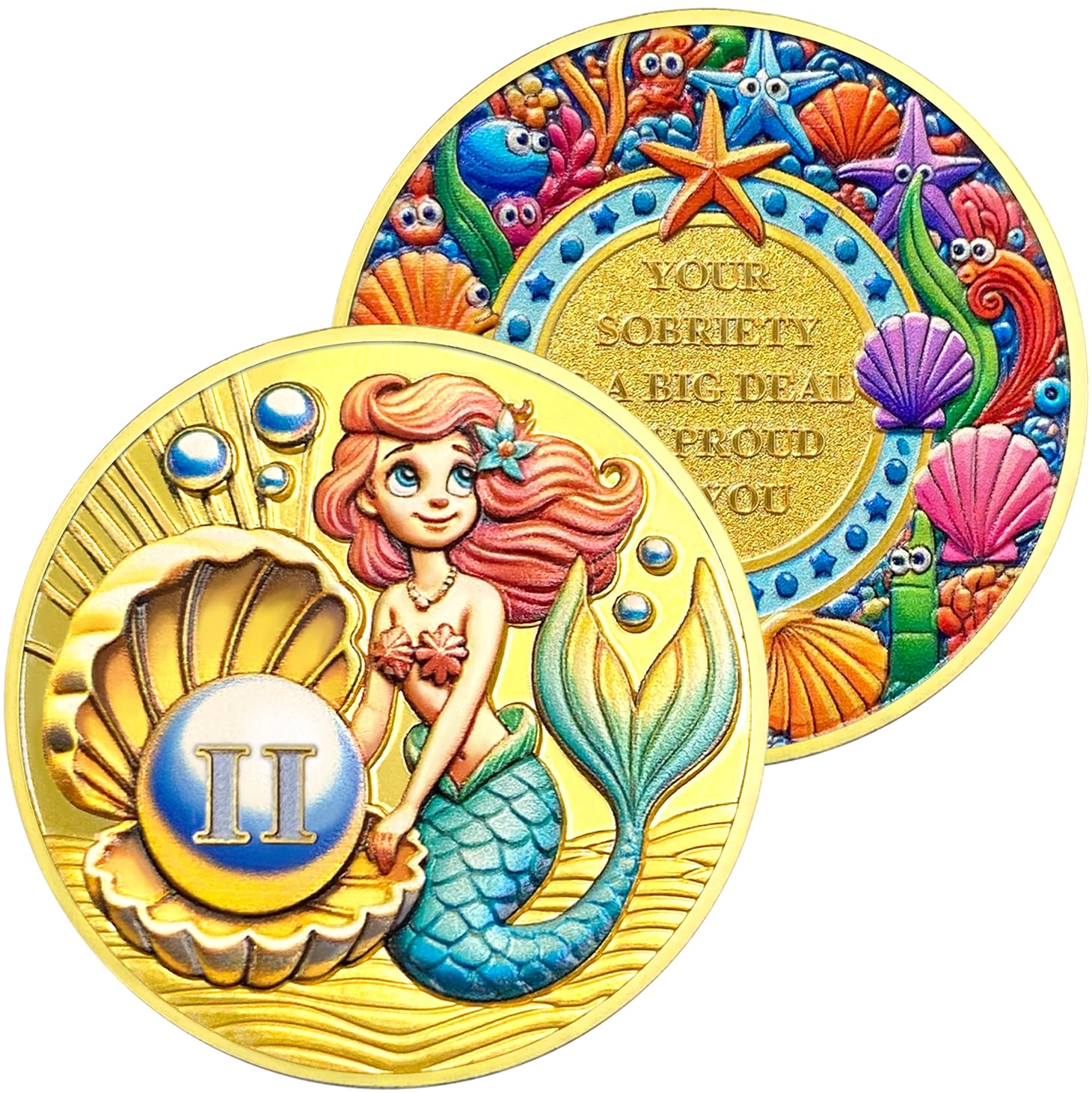 2 Year Sobriety Coin - Pearl Mermaid AA Medallion for Alcoholics Anonymous | Sobriety Gifts for Men & Women | Anniversary Chip for Celebrating Clean Living & Recovery Milestones | Perfect for AA Meetings, 12-Step Programs & Sober Anniversaries