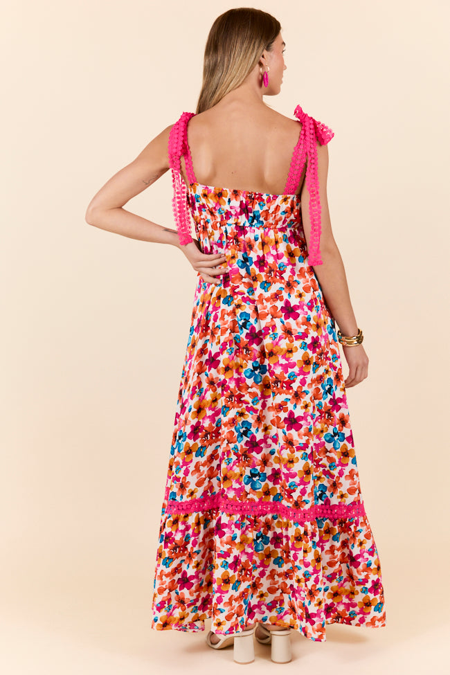 Pink Trim Floral Maxi Dress for Women - Elegant Summer Beach Wedding Party Dress - Perfect for Vacation, Date Night & Special Occasions