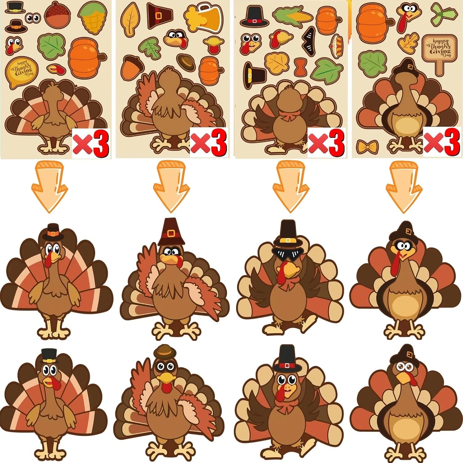 36 Sheets Thanksgiving Stickers (12 Unique Designs) - DIY Turkey Crafts for Kids, Fall Party Supplies | Perfect for Classroom Activities, Holiday Decorations & Family Thanksgiving Games