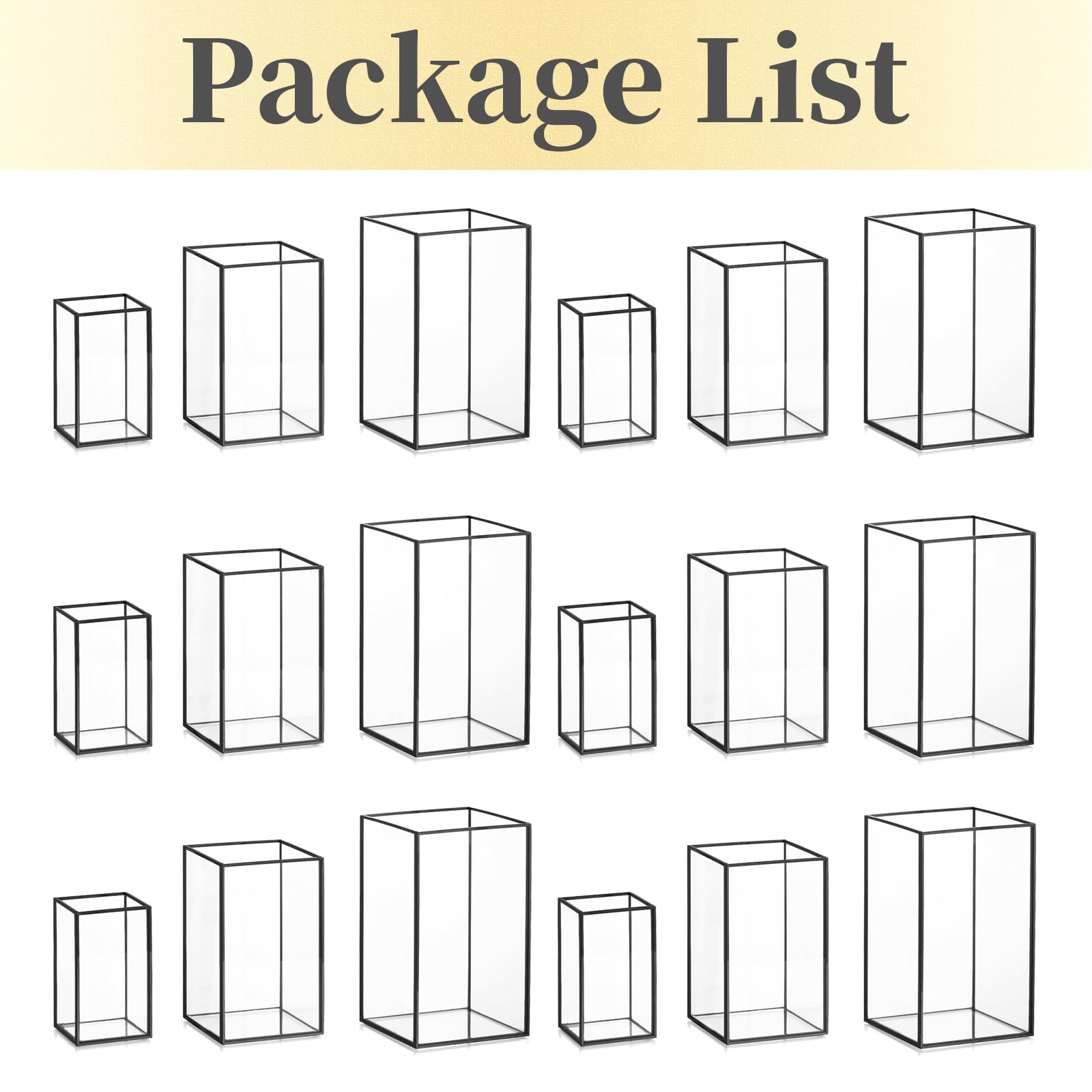 Hewory 18-Piece Black Rectangle Glass Hurricane Candle Holders - Large Square Pillar Candle Lantern for Wedding, Anniversary, Party, Fireplace & Dining Room Decor - Elegant Table Centerpiece & Floor Decor for Home & Events