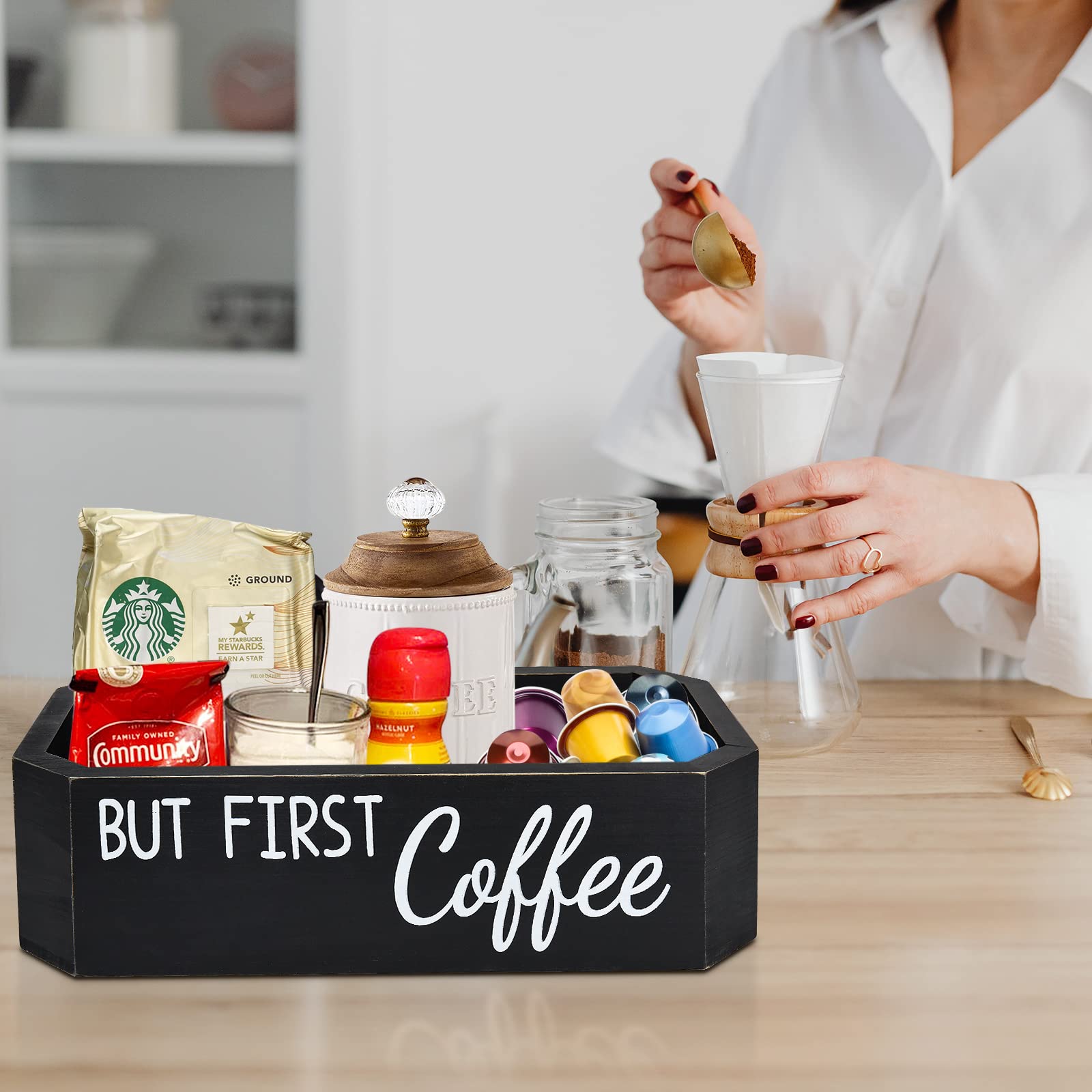 Countertop Coffee Station Organizer - Coffee Pod Holder & Storage Bin for Keurig K-Cups - Black Coffee Bar Accessories Set for Home Kitchen Decor & Office Break Room