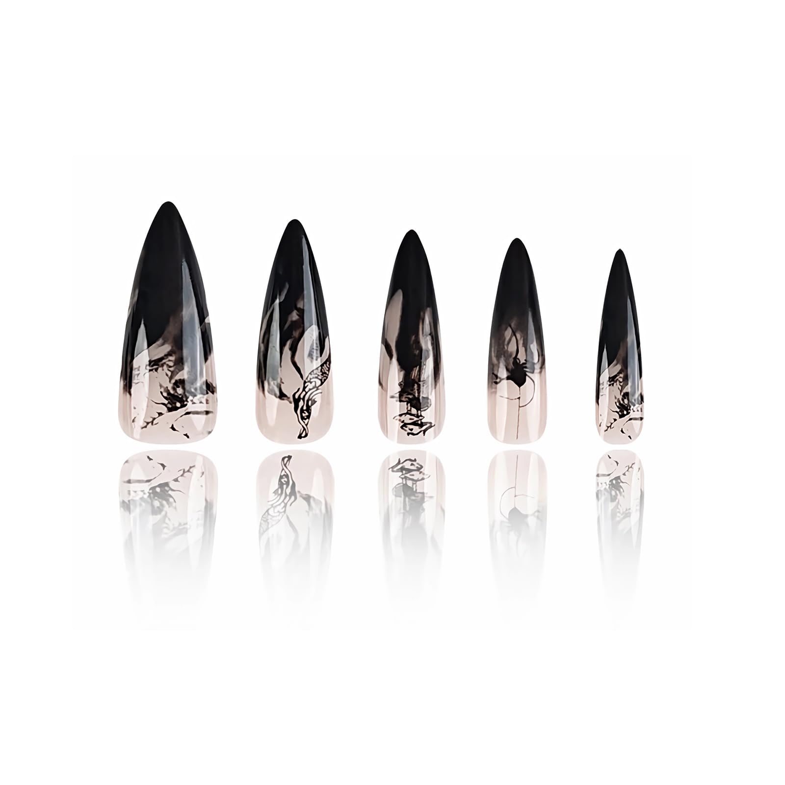 24pcs MERVF Stiletto Press on Fake Nails - Black Ink French Tip Ombre Design | Glossy Acrylic Almond Shape | Goth & Glam Style | Perfect for Parties, Halloween & Special Occasions