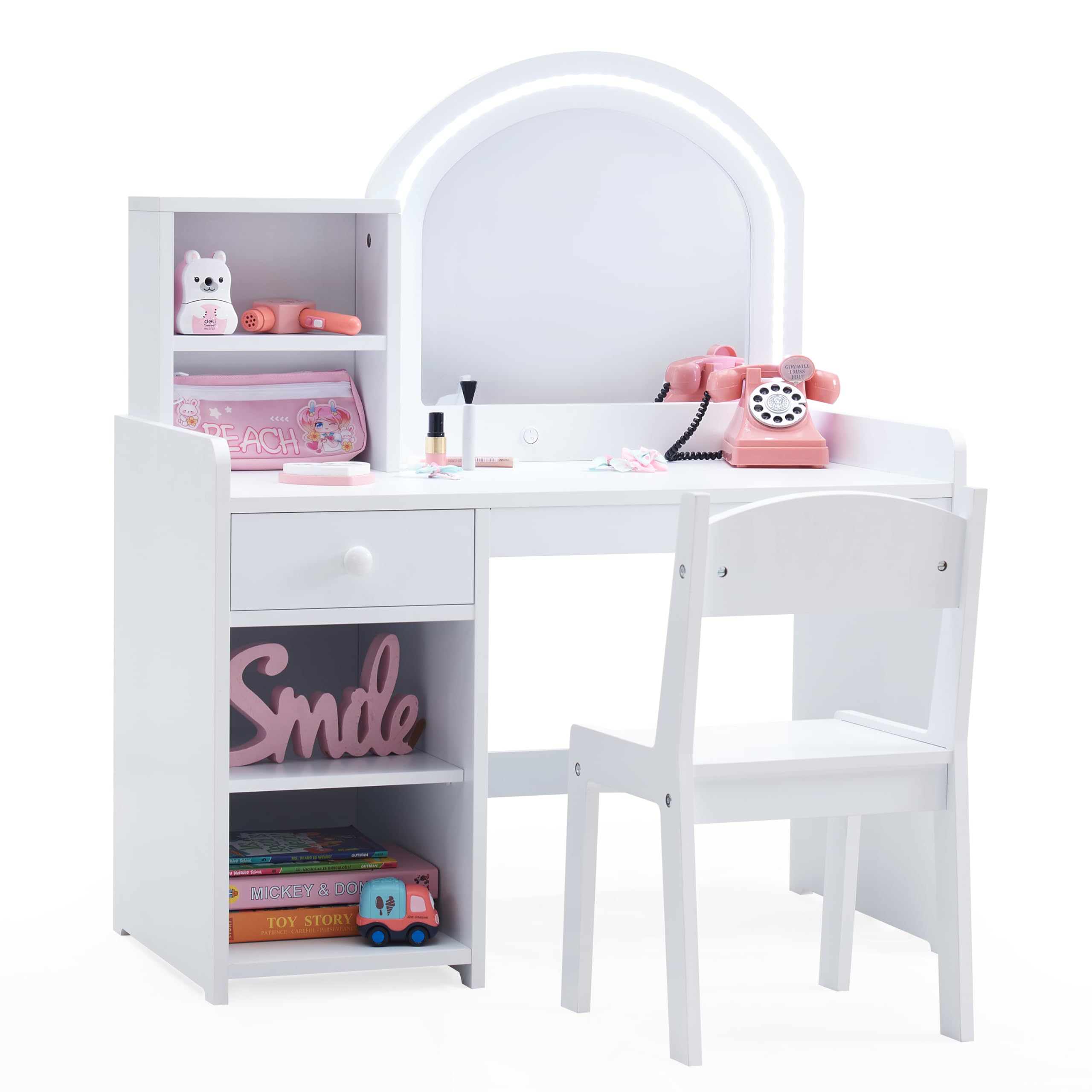 **Princess Vanity Set for Girls with LED Lights & Storage - 2-in-1 Toddler Makeup Vanity with Lighted Mirror, Stool & Drawer - Kids Dressing Table for Bedroom & Playroom (White)**    *(Perfect for Pretend Play, Birthday Gifts & Room Decor for Little Girls 3-8 Years Old)*
