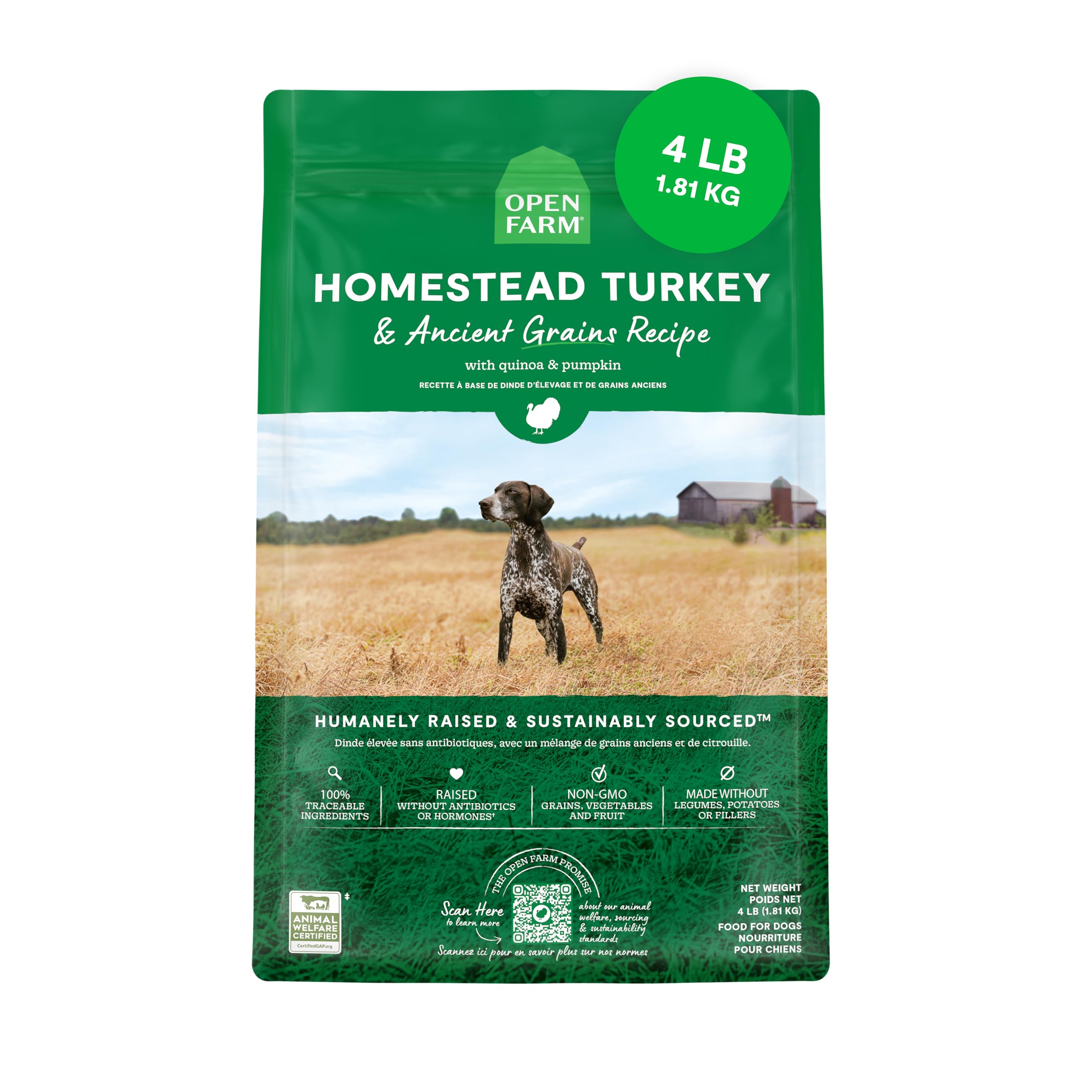 Open Farm Ancient Grains Dry Dog Food - High Protein Grain-Free Recipe with Turkey, Non-GMO Superfoods, Fruits & Vegetables | 4lb Bag for Adult Dogs | Perfect for Active Pets & Homemade Meal Toppers