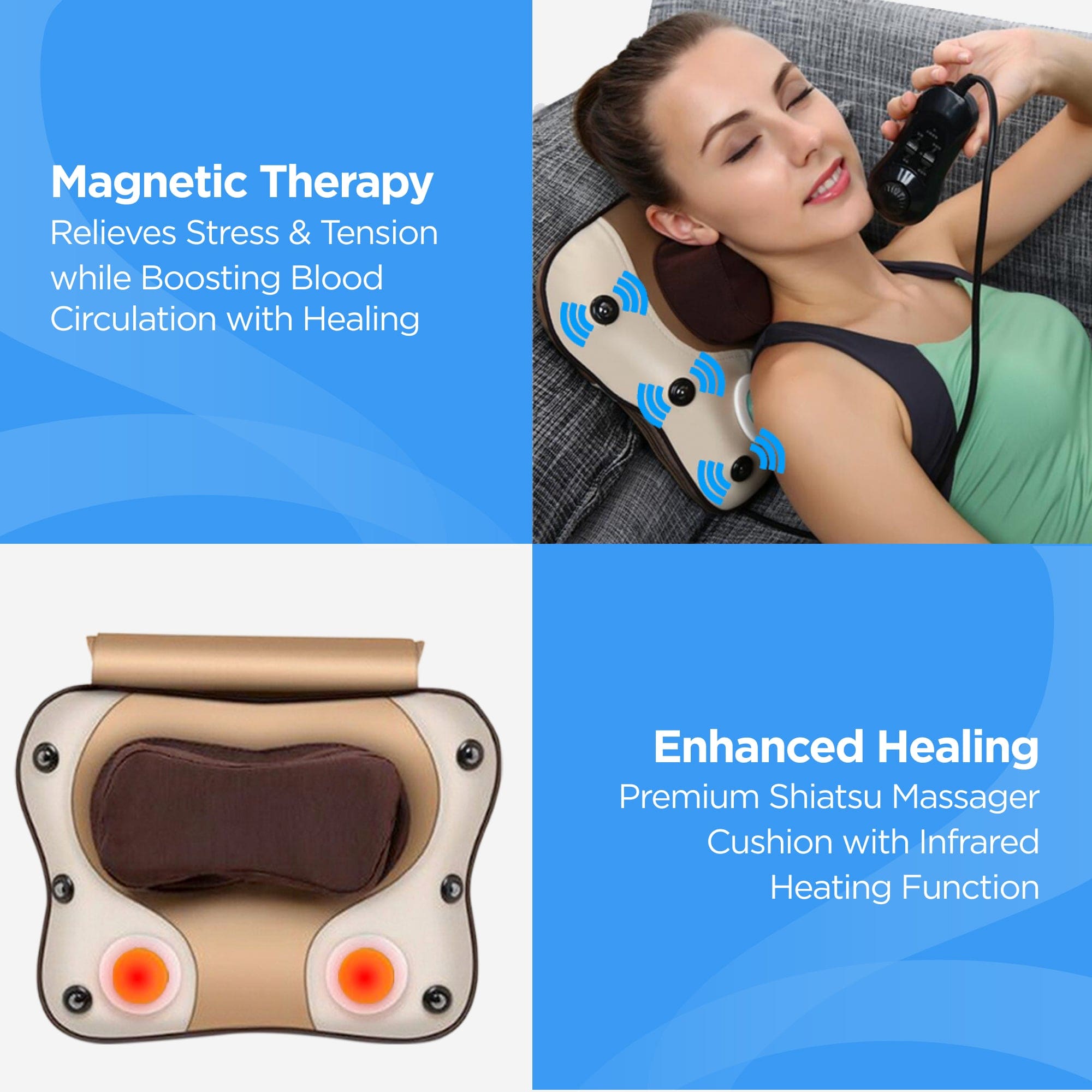 Dr Physio USA 3D Massage Pillow for Back, Shoulder & Leg Pain Relief - Shiatsu Kneading Rolling Heating Massager with Adjustable Speed - Perfect for Home, Office & Car Use - Model 1009 (Brown)