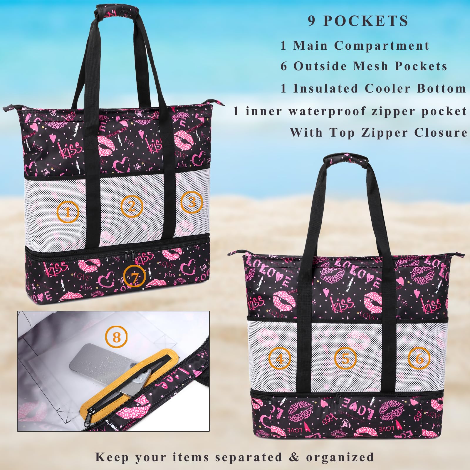 DSIUE Waterproof & Sandproof Beach Tote Bag with Built-in Cooler - Large Capacity Women's Pool, Gym & Travel Bag - Perfect for Beach Trips, Swimming & Outdoor Activities