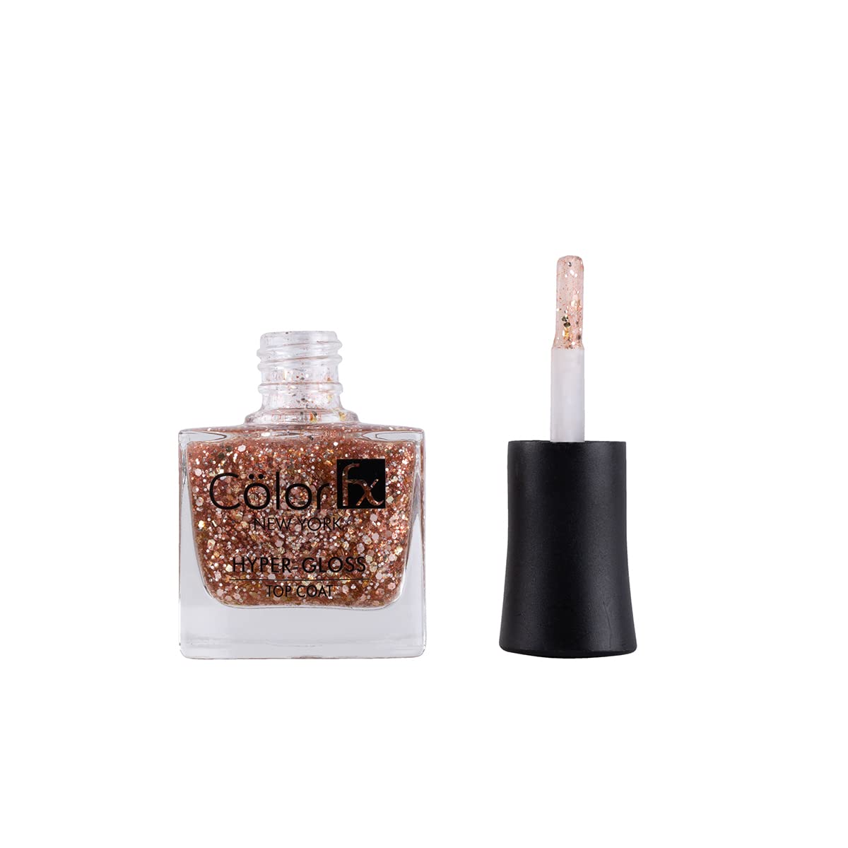 Color Fx New York Hyper-Gloss Top Coat Non-UV Gel Nail Polish - Transparent & Rose Gold Glitter Finish | 21 Toxin-Free, Long-Lasting Clear Nail Paint for Women (9ml) | Perfect for Salon-Quality Manicures, Special Occasions & Everyday Wear