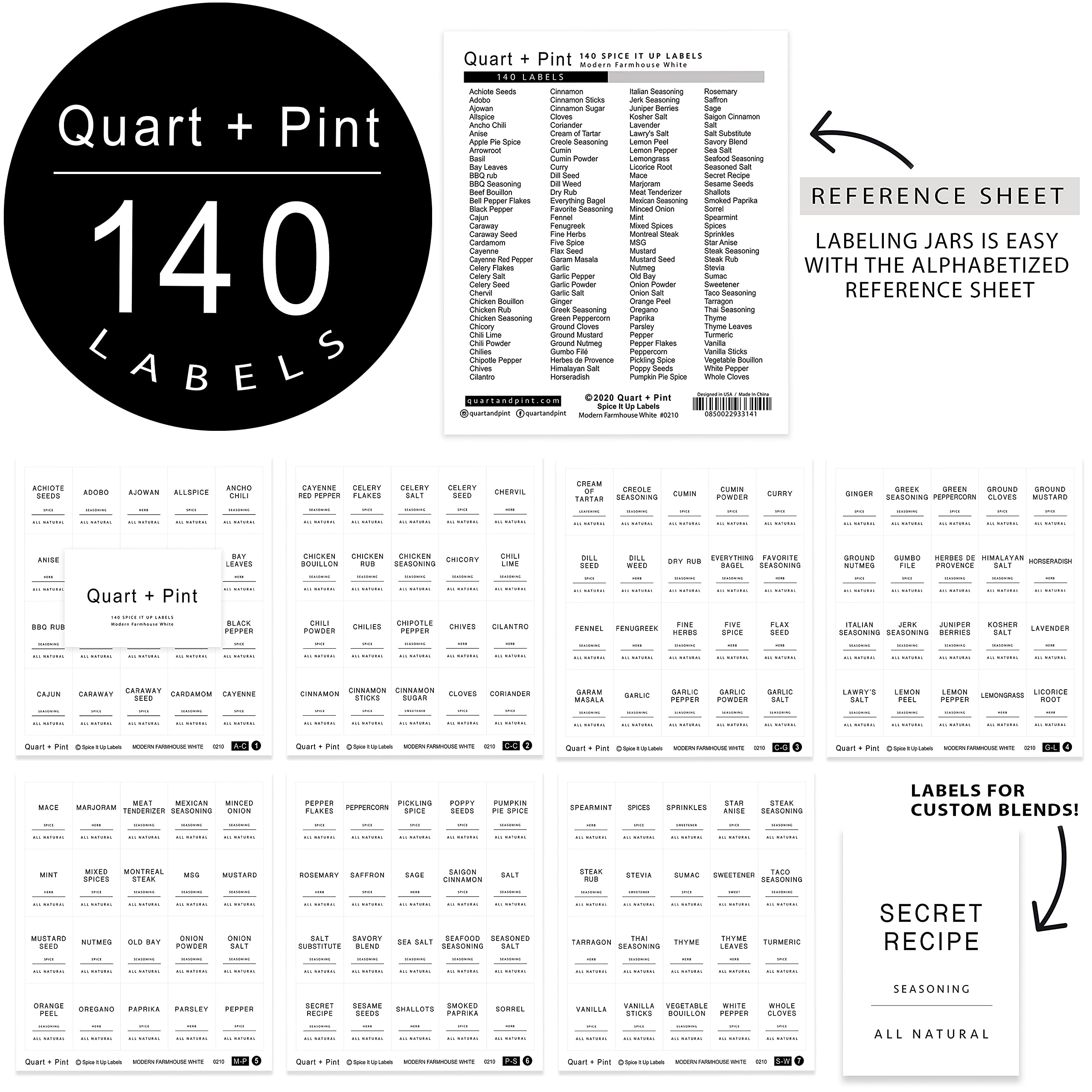 140 Glossy Spice Jar Labels - Quart & Pint Sizes - Minimalist White Stickers with Black Text - Waterproof & Durable - Perfect for Organizing Jars, Bottles, Containers & Bins - Ideal for Kitchen Pantry Storage & Spice Rack Organization - Great for Home, Restaurant & Catering Use