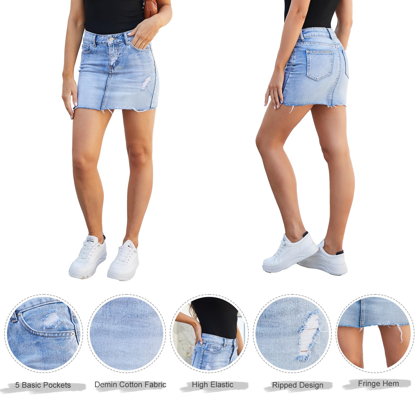 VIPONES Women's High Waist Stretch Denim Skirt - Raw Hem Ripped Mini Jean Skirt for Casual Wear | Perfect for Summer Outfits, Date Nights & Street Style Fashion
