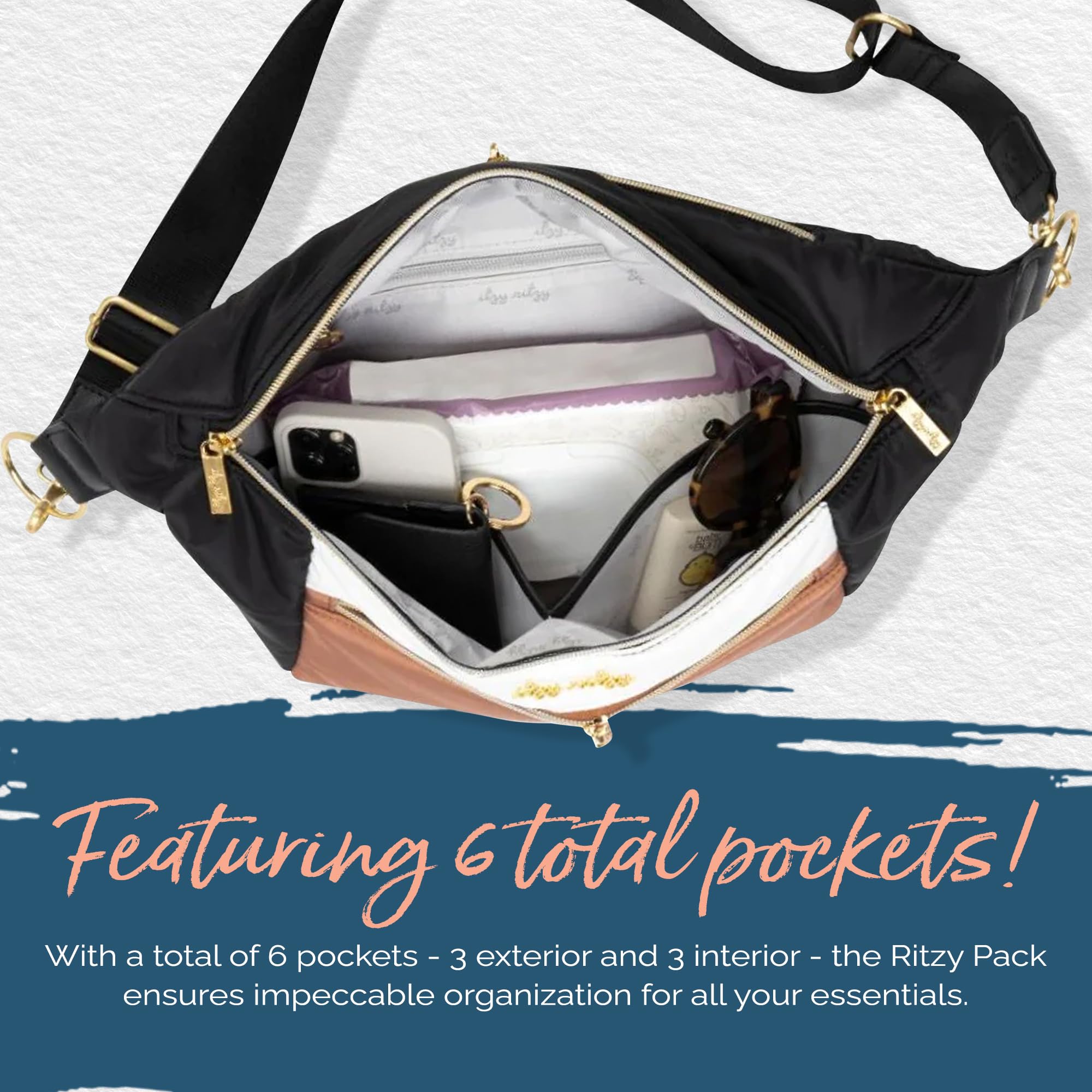 Itzy Ritzy Multi-Use Lightweight Fanny Pack & Crossbody Diaper Bag with 6 Pockets & Adjustable Strap - Wear as Belt Bag, Shoulder Bag or Crossbody Purse (Coffee & Cream) - Perfect for Moms, Travel, Hiking & Daily Errands