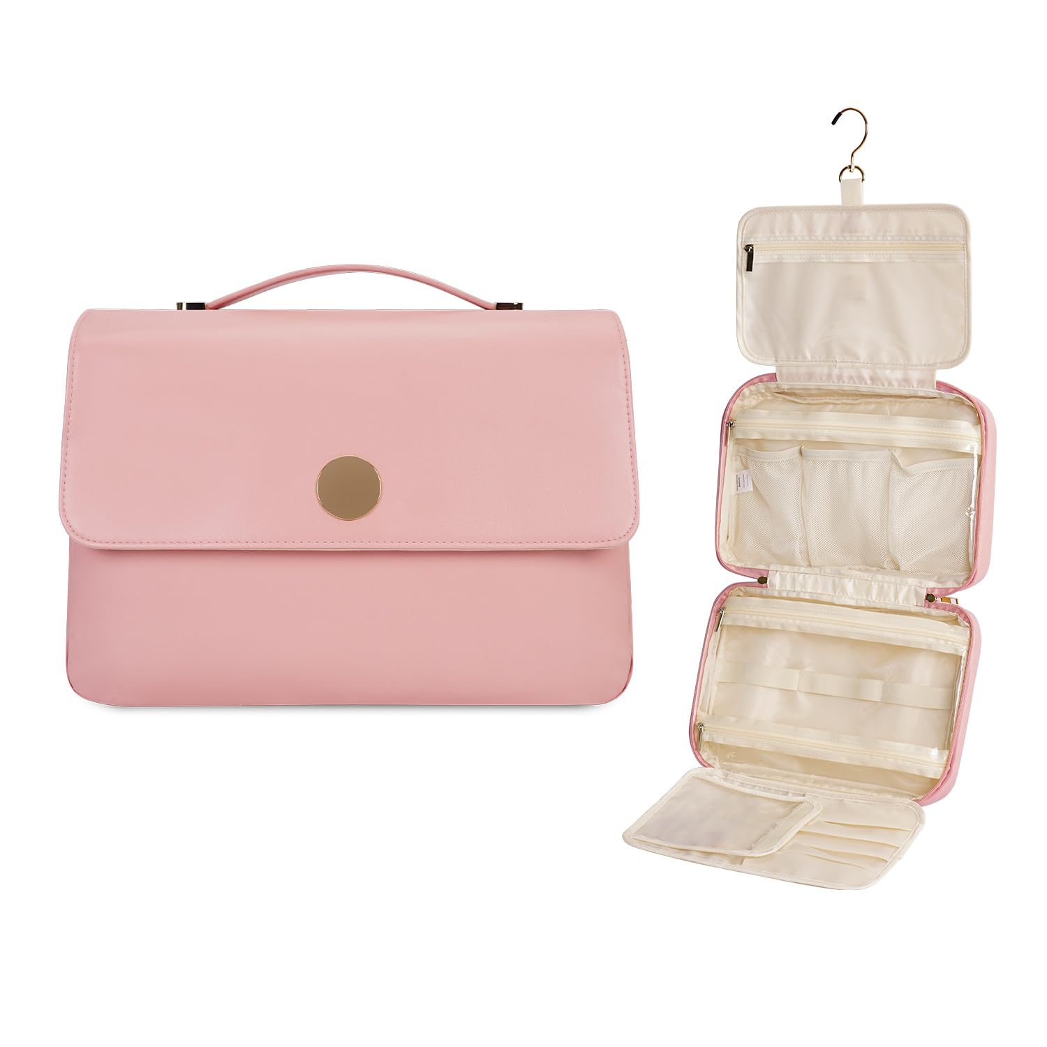 Waterproof Hanging Toiletry Bag for Women - Pink Travel Cosmetic Organizer with 4 Compartments for Makeup & Skincare