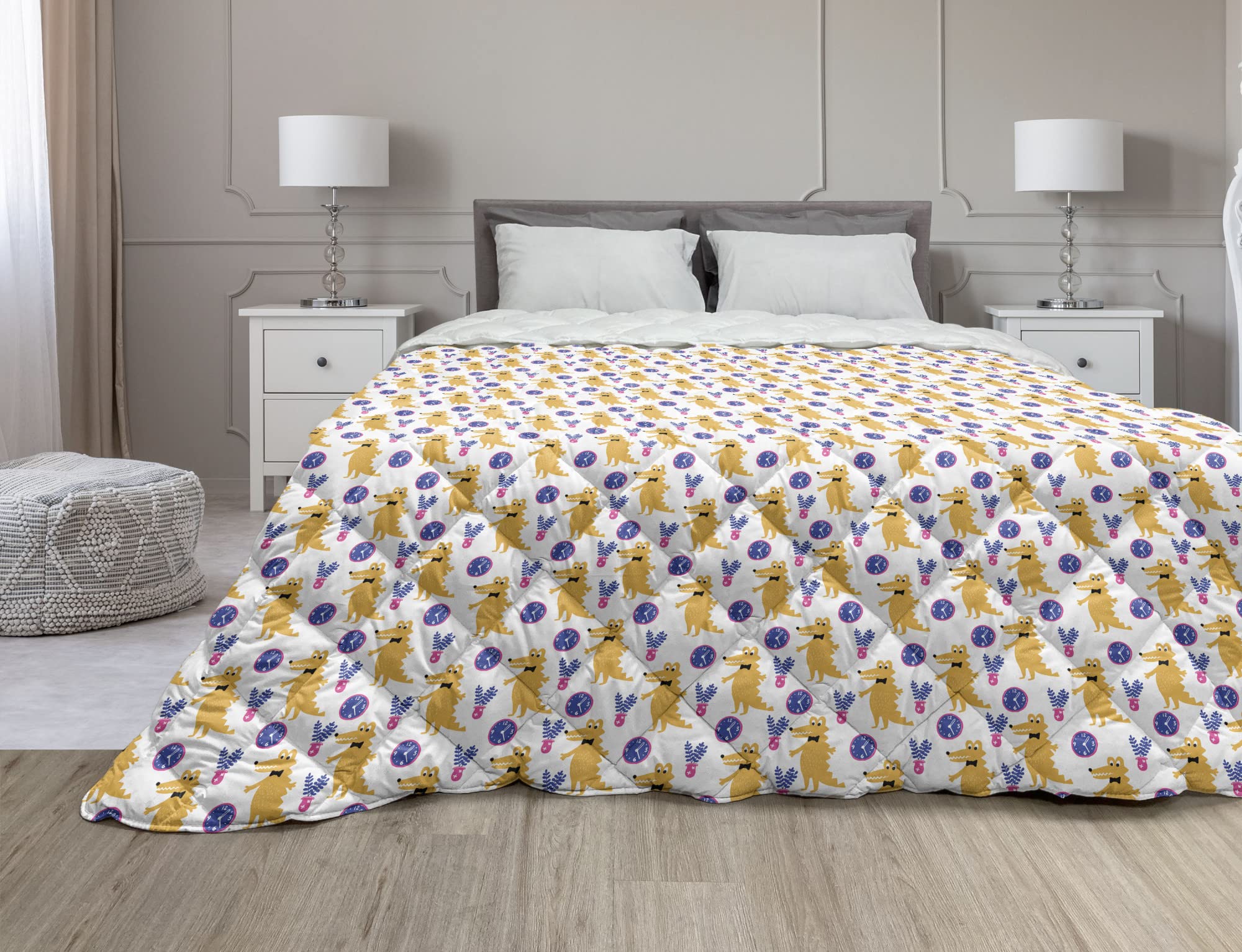 Ambesonne Crocodile Print Down Alternative Comforter - Twin Size Soft Microfiber All-Season Quilt in Violet, Mustard & White - Modern Clock & Vase Pattern - Perfect for Bedroom, Guest Room & Dorm Decor