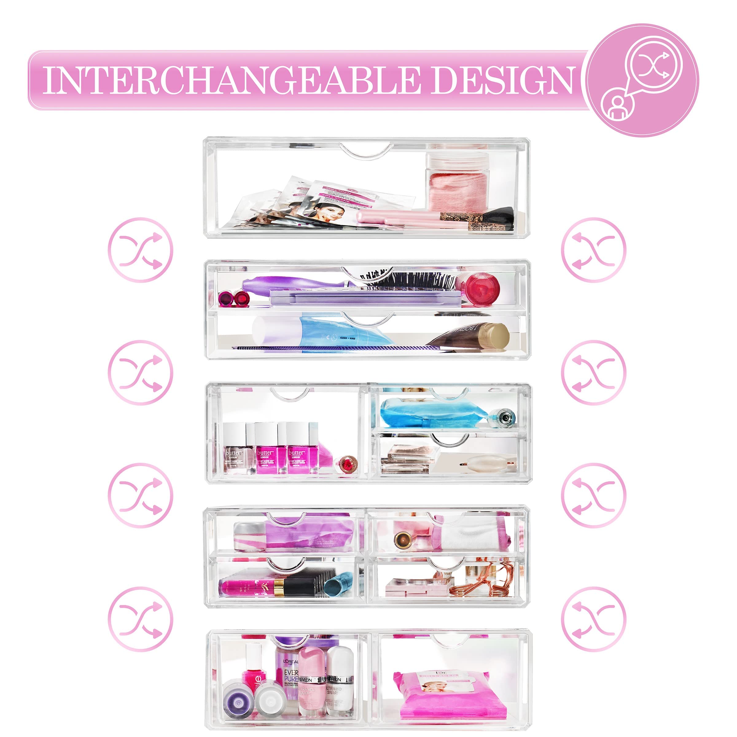 Sorbus Large Stackable Acrylic Drawers - 2-Piece Clear Storage Organizer for Makeup, Nail Polish, Hair Accessories & Beauty Supplies - Vanity & Bathroom Countertop Organizer - Perfect for Bedroom, Salon & Travel Beauty Storage