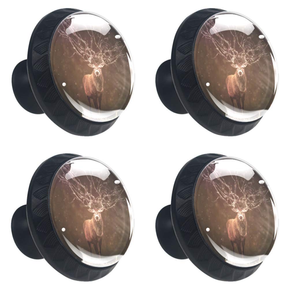 Vibrant Crystal Glass Drawer Knobs - 4-Piece Set for Dressers, Cabinets & Furniture - Elegant Wild Deer & Forest Design - Perfect for Home Office & Bedroom Décor