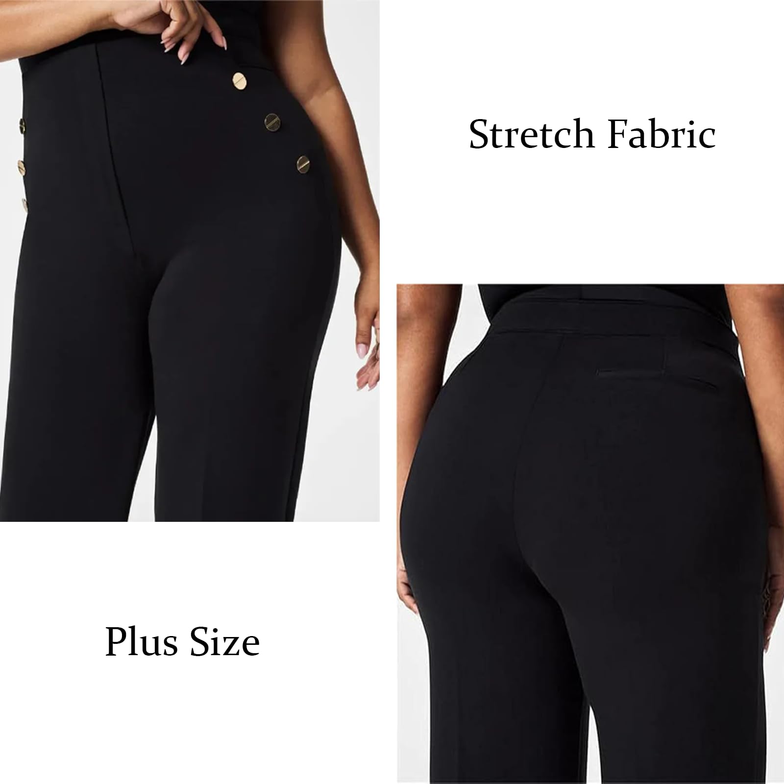 Women's Plus Size Tummy Control Button Wide Leg Pants - Black Pull On High Waisted Palazzo Trousers for Work, Office & Casual Wear