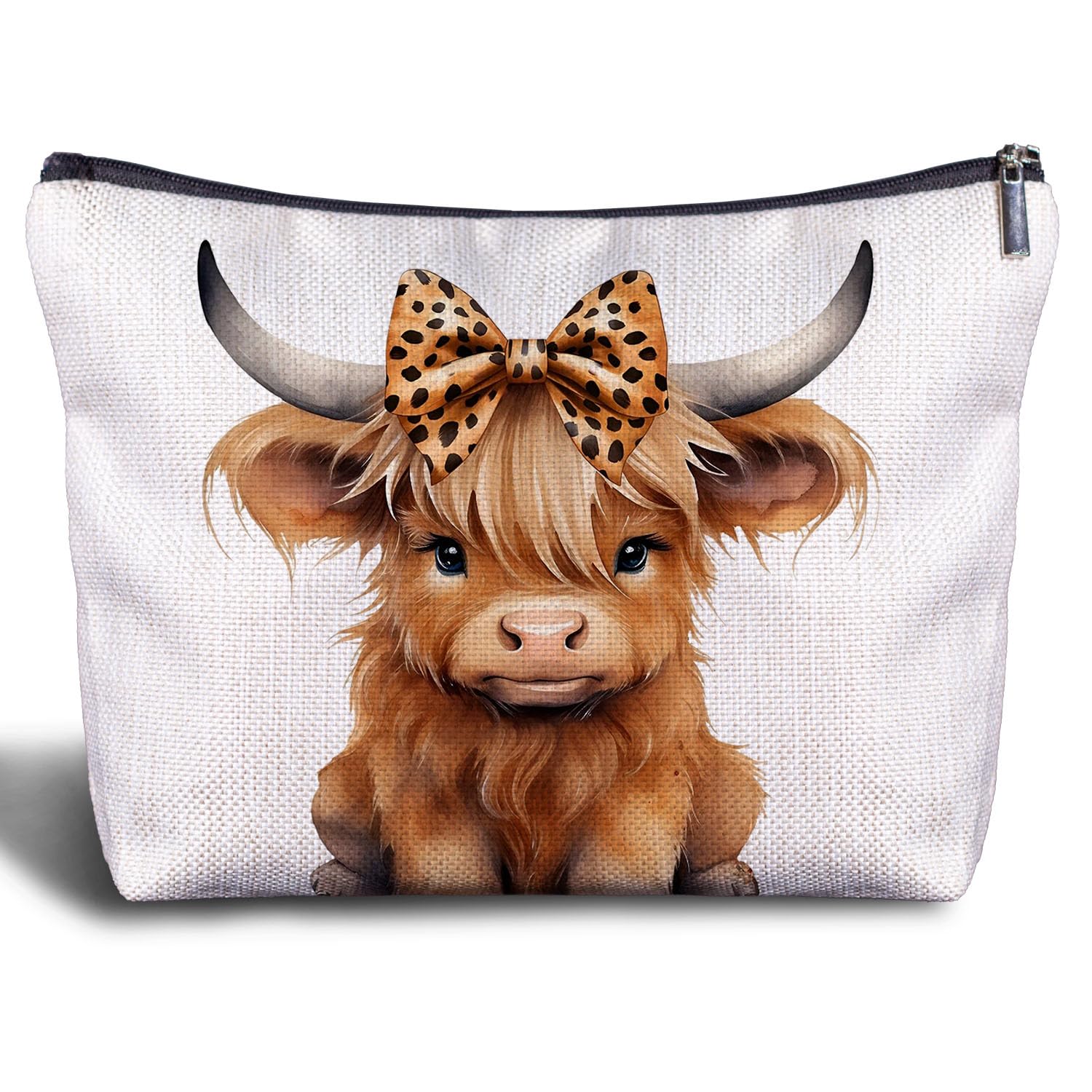 Highland Cow Makeup Bag for Women - Cute Cow Print Zippered Cosmetic Bag with Leopard Bow | Western Cowgirl Gift Idea | Perfect for Travel, Gym & Daily Makeup Storage