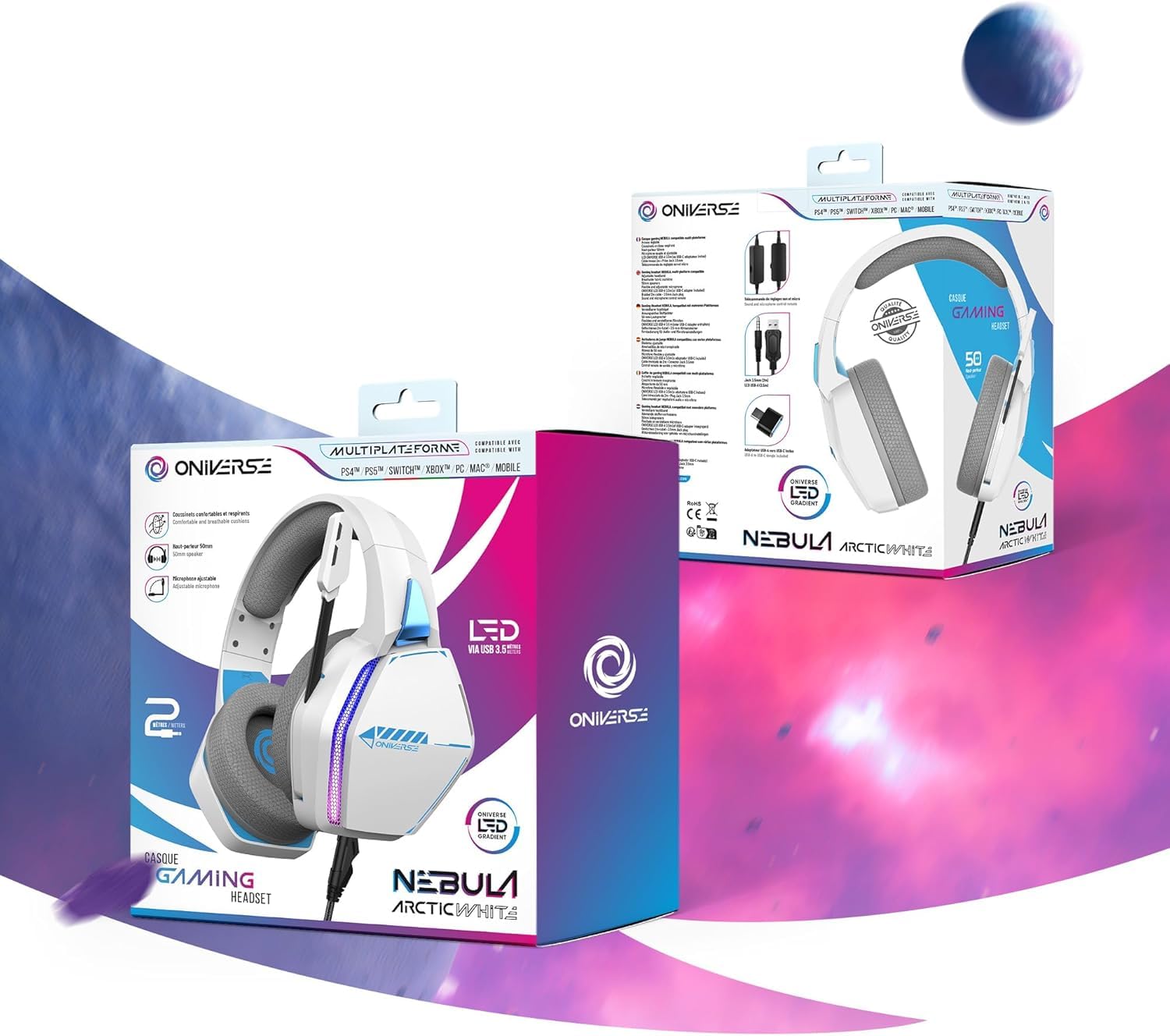 Best Gaming Headset for Xbox PS5 PS4 Switch PC Mac - Wired Stereo Headphones with Adjustable Mic, LED Lights, 50mm Speakers & Breathable Fabric Pads - Perfect for FPS, RPG & Online Gaming (Arctic White)