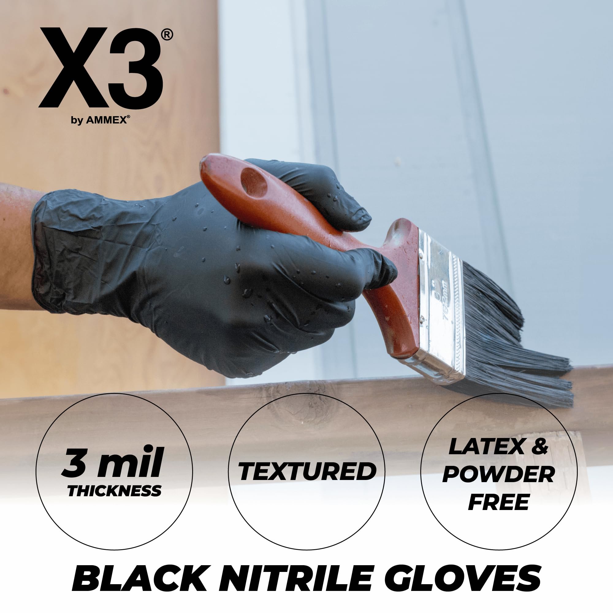 X3 Black Nitrile Disposable Industrial-Grade Gloves 3 Mil - Latex Free, Powder Free, Food Safe, Non-Sterile, Textured Grip - Perfect for Food Handling, Medical Use, Cleaning & Industrial Work