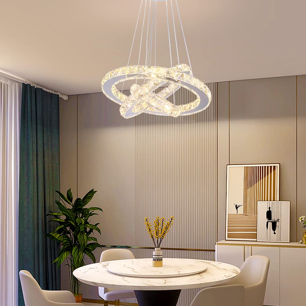Winretro 3 Ring Modern Crystal LED Chandelier - Round Chrome Pendant Ceiling Light Fixture for Living Room, Dining Room, Bedroom & Kitchen | Elegant Lighting for Home Decor, Wedding & Restaurant Ambiance