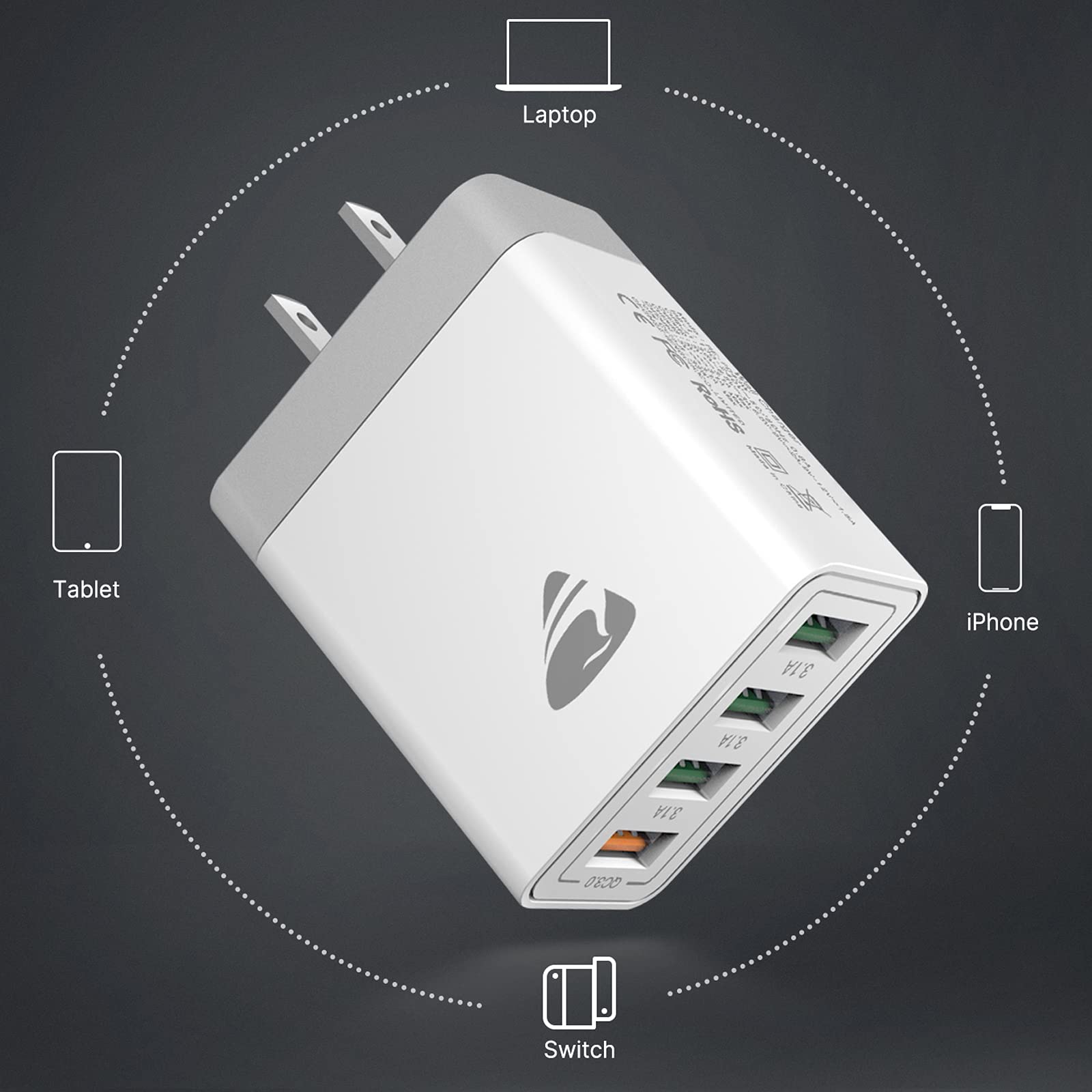 Aioneus 40W 4-Port USB Wall Charger Fast Charging Block - Multi Port Cube Power Adapter for iPhone 15/14/13/12/11 Pro Max/XS/XR/8, Samsung Galaxy & Android Phones - Perfect for Home, Office & Travel Charging Needs
