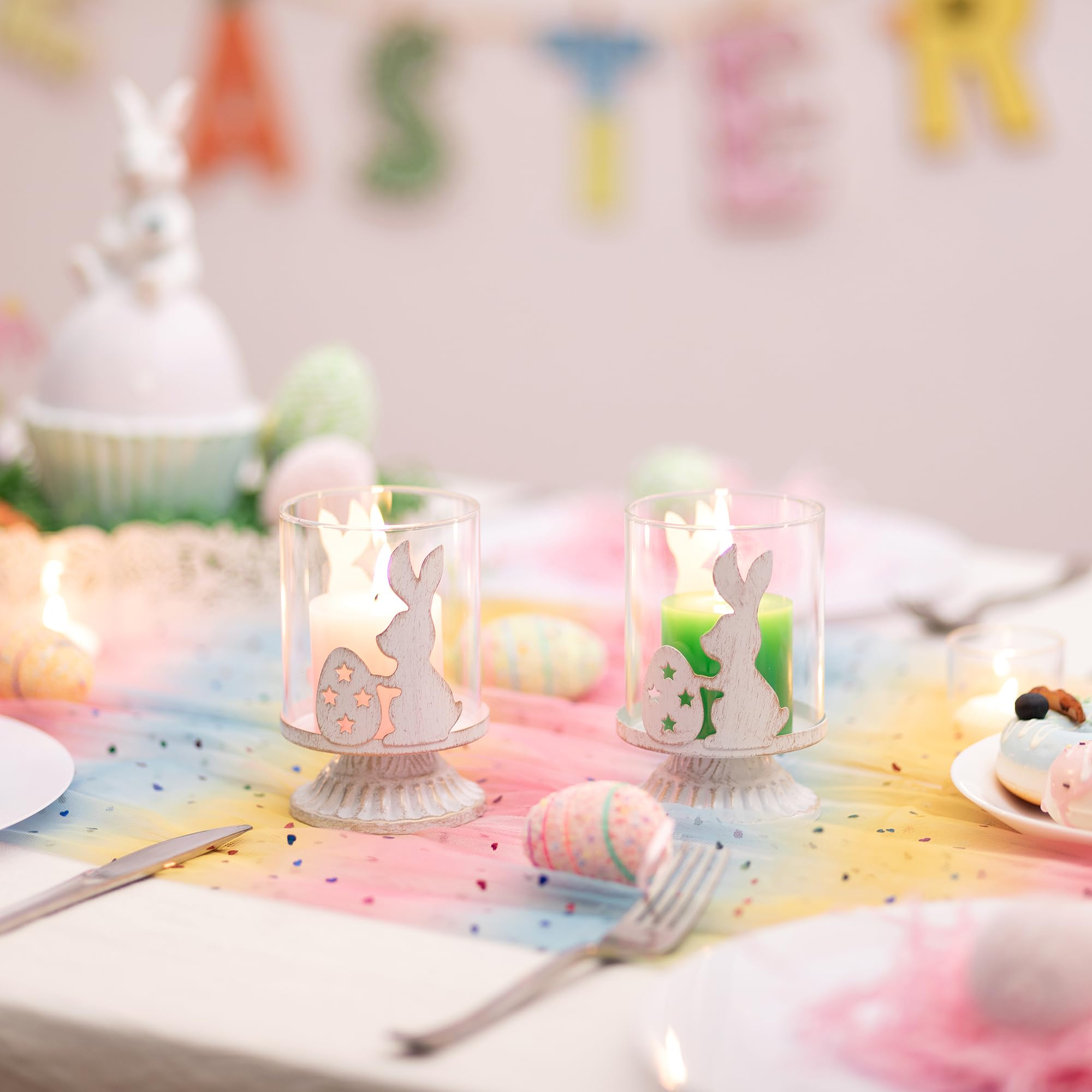 Distressed White Bunny Pillar Candle Holders for Easter Decor - Rabbit Tealight Candle Holders for Table Centerpieces, Family Party Events & Spring Home Decor | Perfect for Easter Gifts, Wedding Decorations and Holiday Table Settings