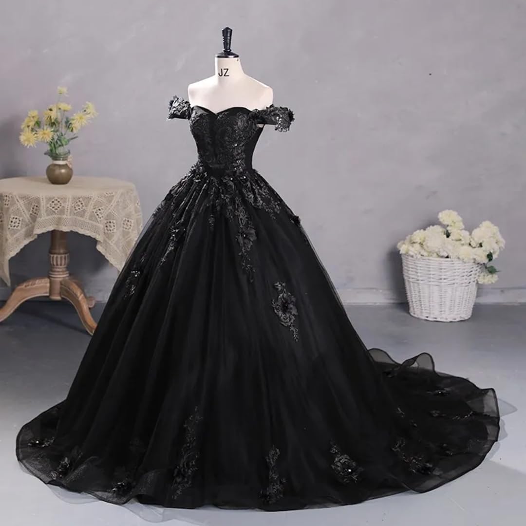Elegant Gothic Lace Black Wedding Dress | Off-Shoulder Bridal Gown with Long Train & Tulle Skirt | Perfect for Gothic, Victorian, or Alternative Weddings