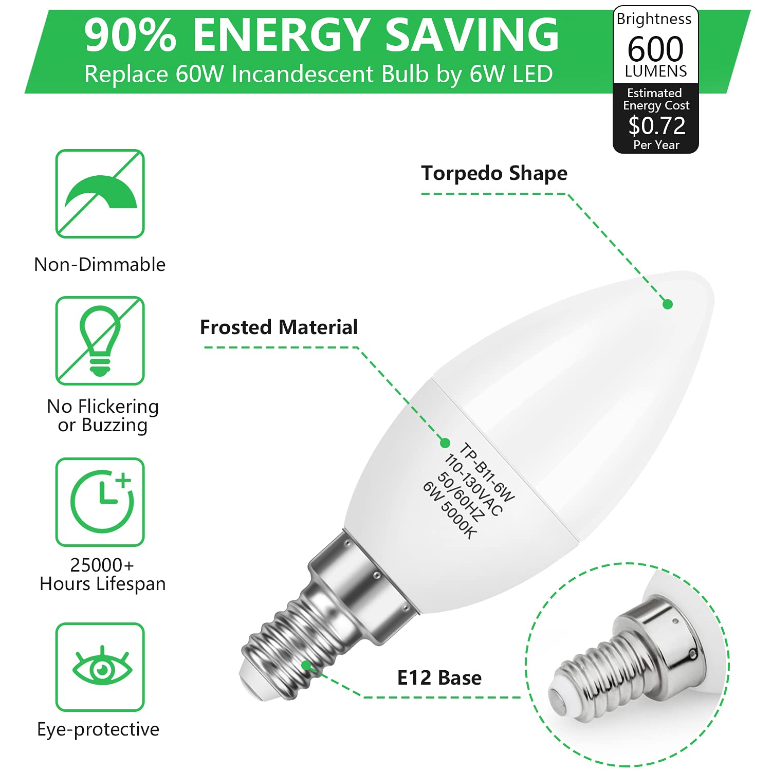 MAXvolador 12-Pack E12 Candelabra LED Bulbs - 60W Equivalent, 6W 600LM B11 Candle Light Bulbs 5000K Daylight White, Non-Dimmable Chandelier Bulbs with E12 Base - Perfect for Ceiling Fans, Wall Sconces & Decorative Lighting