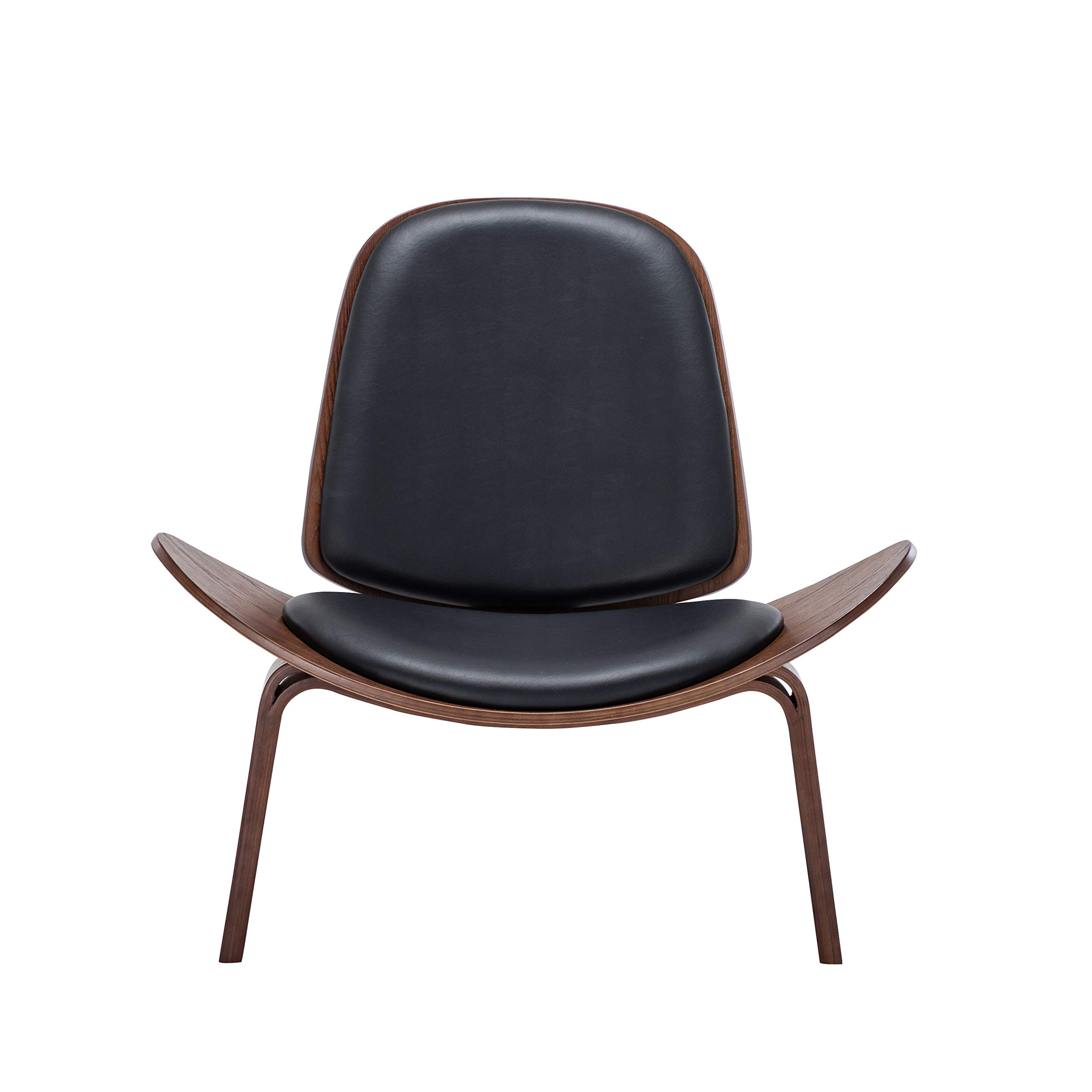 BELLEZE Mid Century Modern Shell Chair - Armless Accent Chair with Faux Leather Upholstery, Padded Seat & Solid Wood Tripod Base for Living Room, Bedroom, Office - Avalon Black Lounge Chair for Relaxing & Stylish Decor