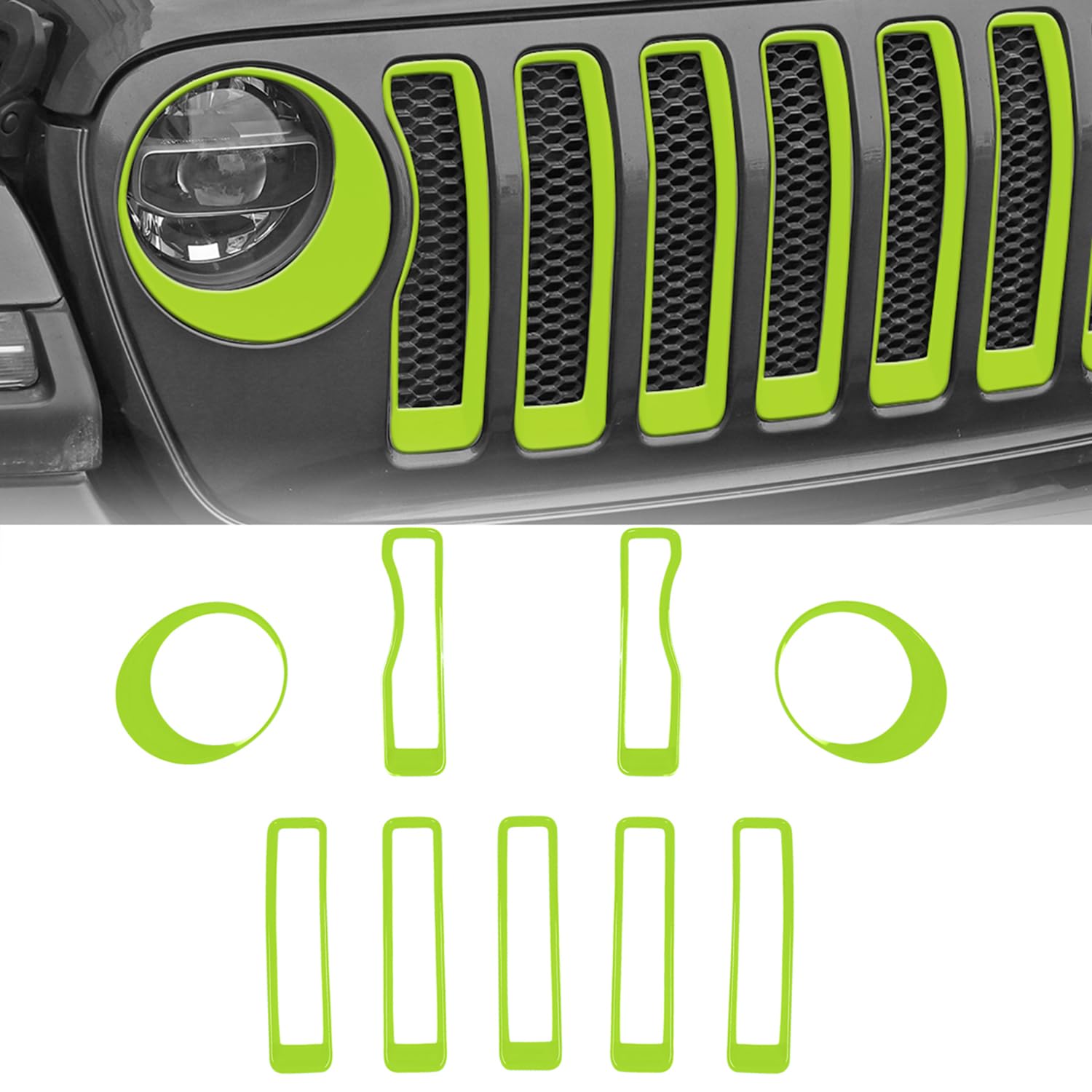 RT-TCZ Mesh Front Grille Grill Insert & Headlight Cover Trim for Jeep Wrangler JL/JLU (2018-2022) - 9-Piece Green Exterior Accessories Kit for Off-Road Protection & Style Enhancement