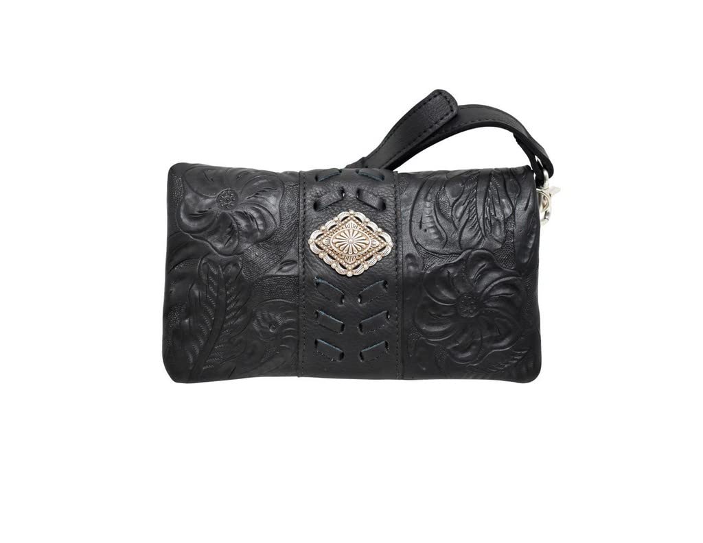American West Women's Grab-And-Go Foldover Crossbody Bag, Clutch & Wallet Combo - Stylish Black Leather Purse for Everyday Use, Travel & Night Out