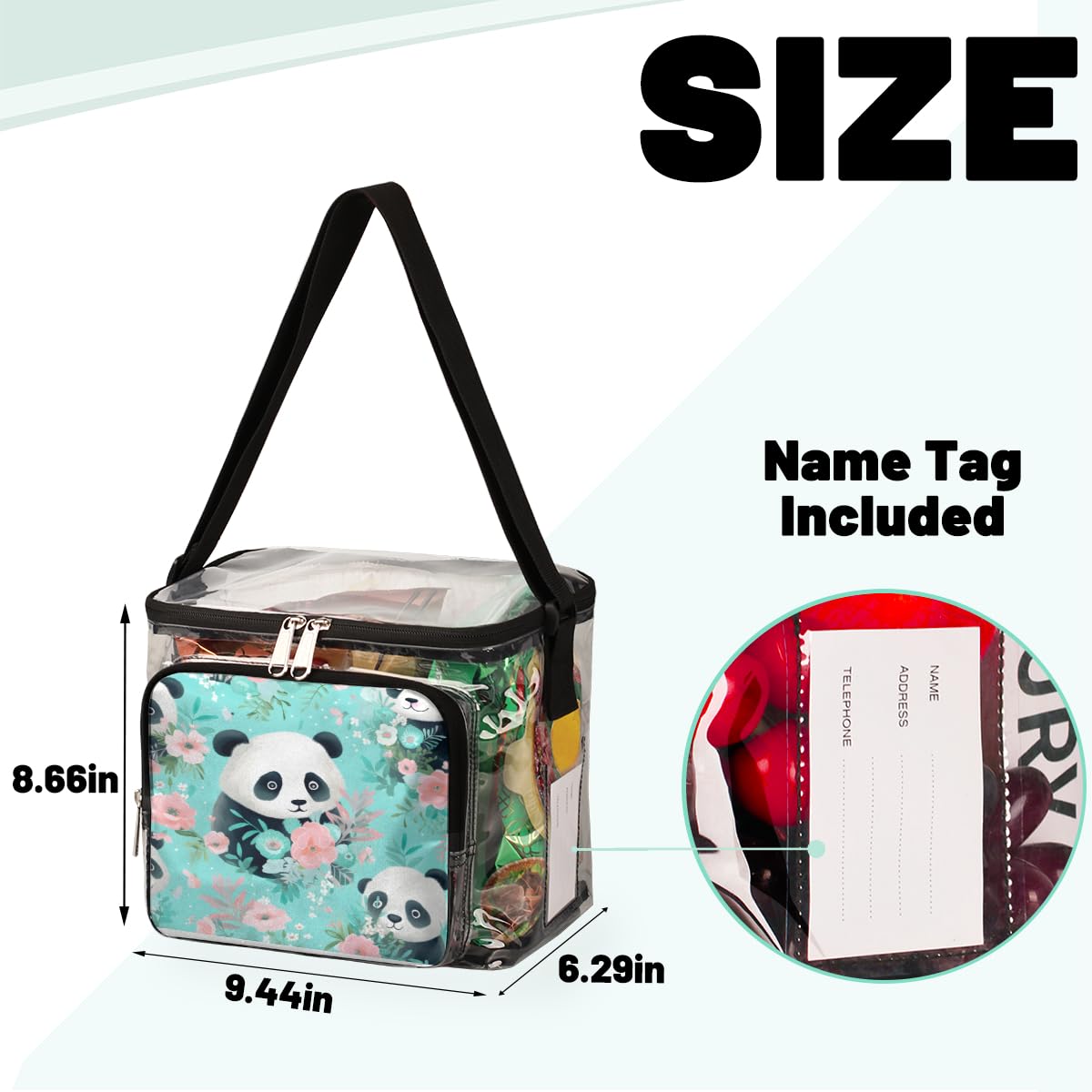 GzLeyigou Panda Clear Tote Bag with Handles - Cute Panda & Floral Design Transparent Crossbody Shoulder Bag for Lunch, Beach, Travel, Picnic, Concerts & Sports Events - Stadium Approved Clear Purse (Perfect for Outdoor Activities, Theme Parks & Security Checkpoints)