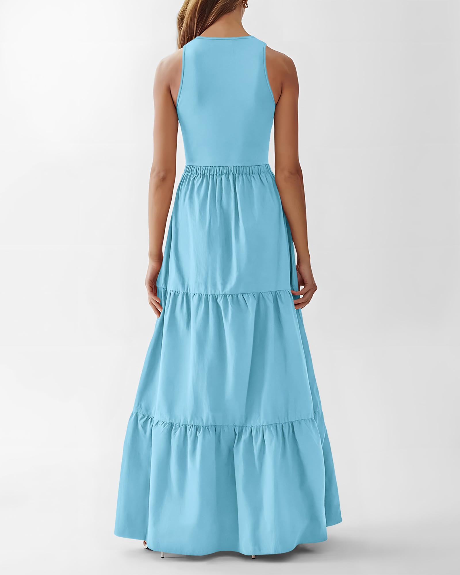 BTFBM Women's Sleeveless Summer Maxi Dress - Wedding Guest Dress with Ribbed Knit Top & Pockets - Flowy Polyester Skirt for Beach Vacations, Garden Parties & Special Occasions