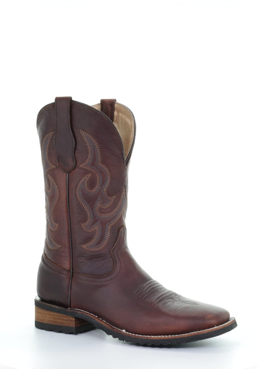 Men's Western Boots - Corral Embroidered Square Toe Cowboy Boots with Rubber Sole (Wine Color) for Rodeo, Country Dancing & Casual Wear
