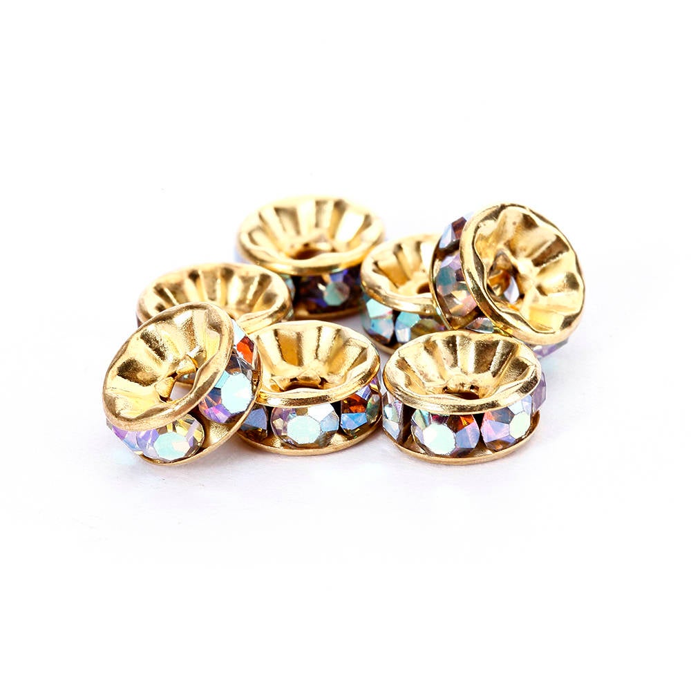 Clear AB Rhinestone Rondelle Spacers Beads - Gold/Silver Tone 4mm 6mm 8mm 10mm (50pcs/Bag) for Jewelry Making, DIY Bracelets, Necklaces & Craft Projects