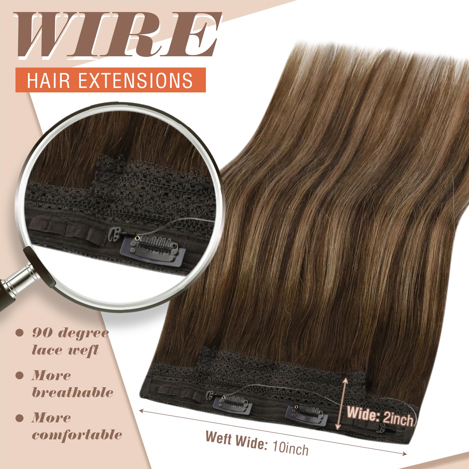 Sunny Wire Hair Extensions 20 Inch - Real Human Hair, Fish Line, Invisible Wire Extensions in Dark Brown to Caramel Blonde with Dark Brown Highlights (#4/27/4) - Perfect for Parties, Weddings & Everyday Styling