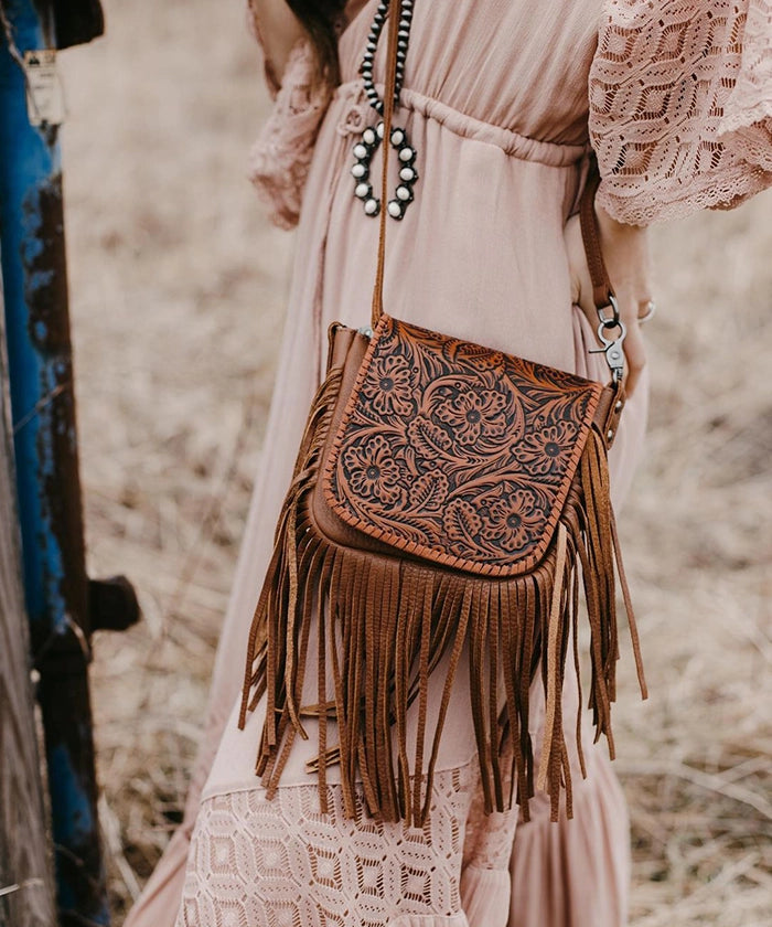Montana West Genuine Leather Floral Fringe Crossbody Bag for Women - Stylish Boho Shoulder Purse with Adjustable Strap, Perfect for Daily Use, Travel & Festivals