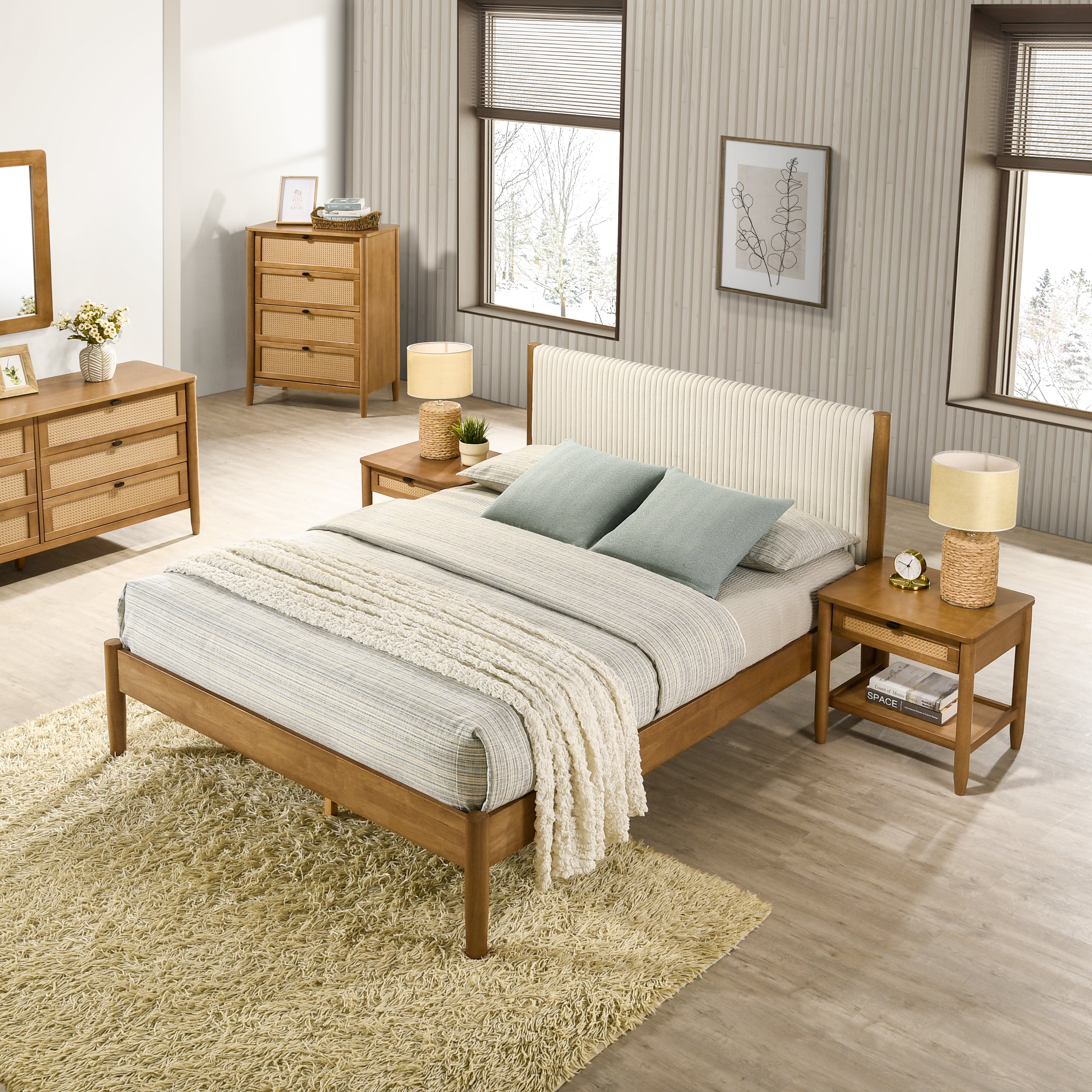 Roundhill Furniture Vichy Rattan Bedroom Set - Queen Size Light Walnut Finish Wicker Bed Frame & Nightstands - Perfect for Coastal, Boho & Farmhouse Style Bedrooms