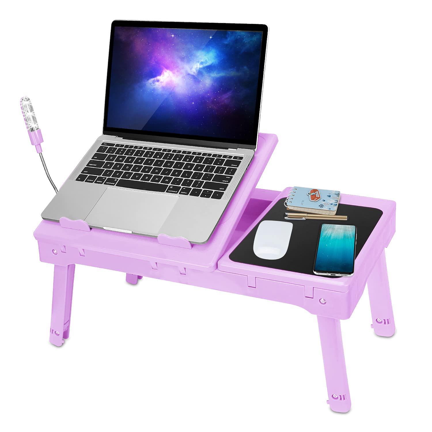 iMountek Multi-Functional Laptop Bed Table with Cooling Fan, LED Light, 4 USB Ports & Storage - Adjustable Notebook Desk Tray with Mouse Pad (Purple) | Perfect for Working, Studying or Watching Movies in Bed, Sofa or Floor
