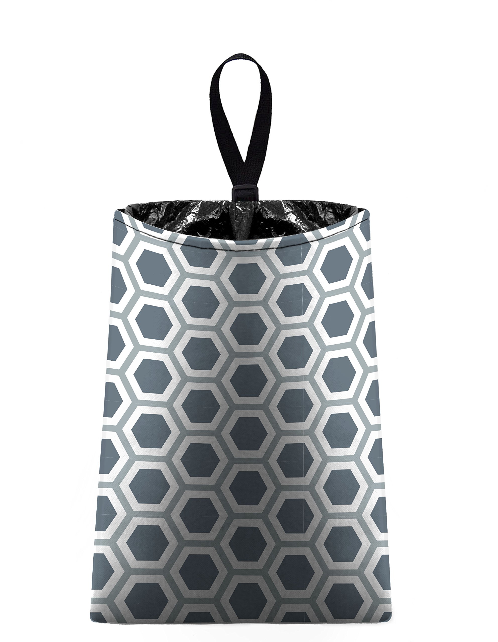 Car Trash Can Auto Trash Bag - Honeycomb Pattern (Silver Grey White) by The Mod Mobile - Slim Design Hides Plastic Bags - Vehicle Garbage Organizer for Road Trips & Daily Commute