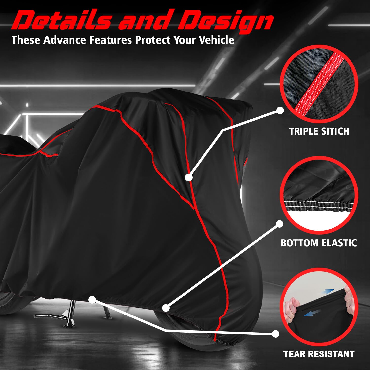 VOICO Waterproof Bike Cover for Bajaj Pulsar 220F - Dustproof, UV Resistant All-Weather Motorcycle Protection with Red Piping (Black) - Perfect for Outdoor Parking & Long-Term Storage
