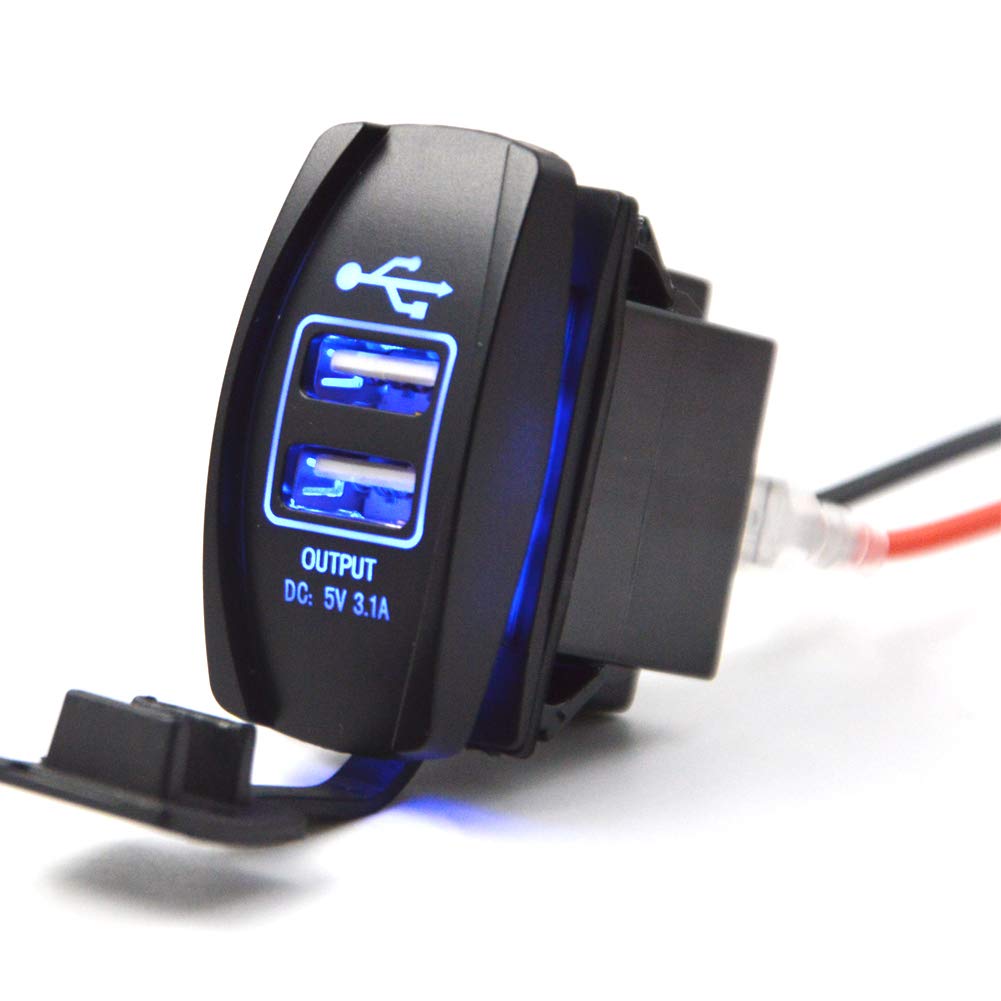 12V-24V Dual USB Charger Rocker Switch with Blue Backlight - Compatible with UTV, Polaris Ranger RZR XP Turbo, Can-Am Commander & Maverick X3 - Perfect for Off-Road Vehicles & Power Sports Accessories