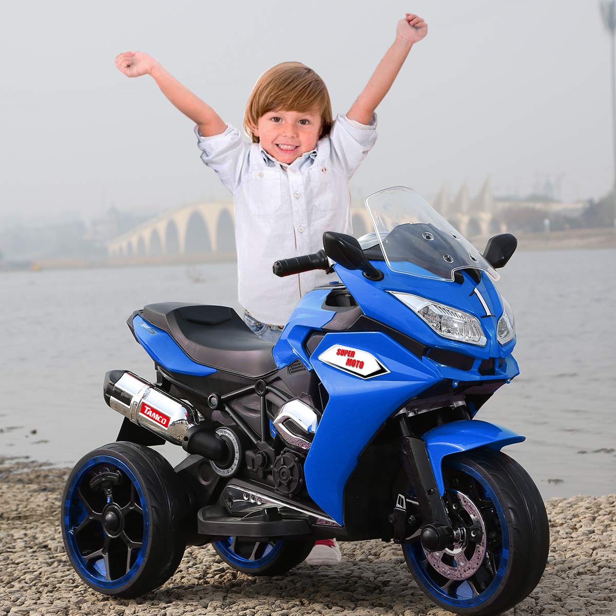 Kids Electric Ride-On Motorcycle - 12V Blue Toy with 3 Twinkling Wheels for Outdoor Play