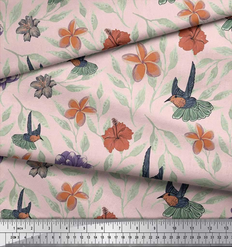 Soimoi Moss Georgette Pink Fabric by The Yard - 42 Inch Wide Flying Bird Floral Printed Fabric for DIY Crafts, Dressmaking & Home Decor - Whimsical Playful Pattern Material