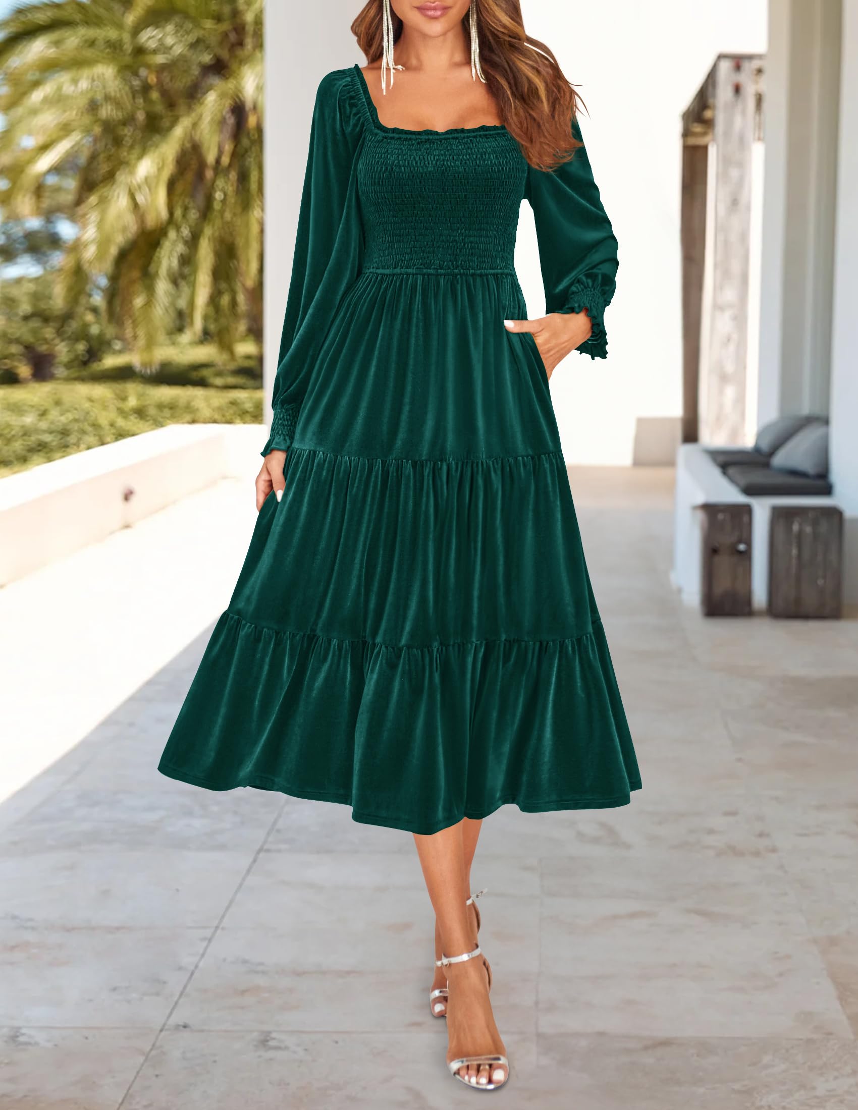 ZESICA Women's Velvet Long Sleeve Square Neck Smocked Ruffle A-Line Midi Dress with Pockets - Elegant Spring 2025 Flowy Dress for Parties, Weddings & Date Nights